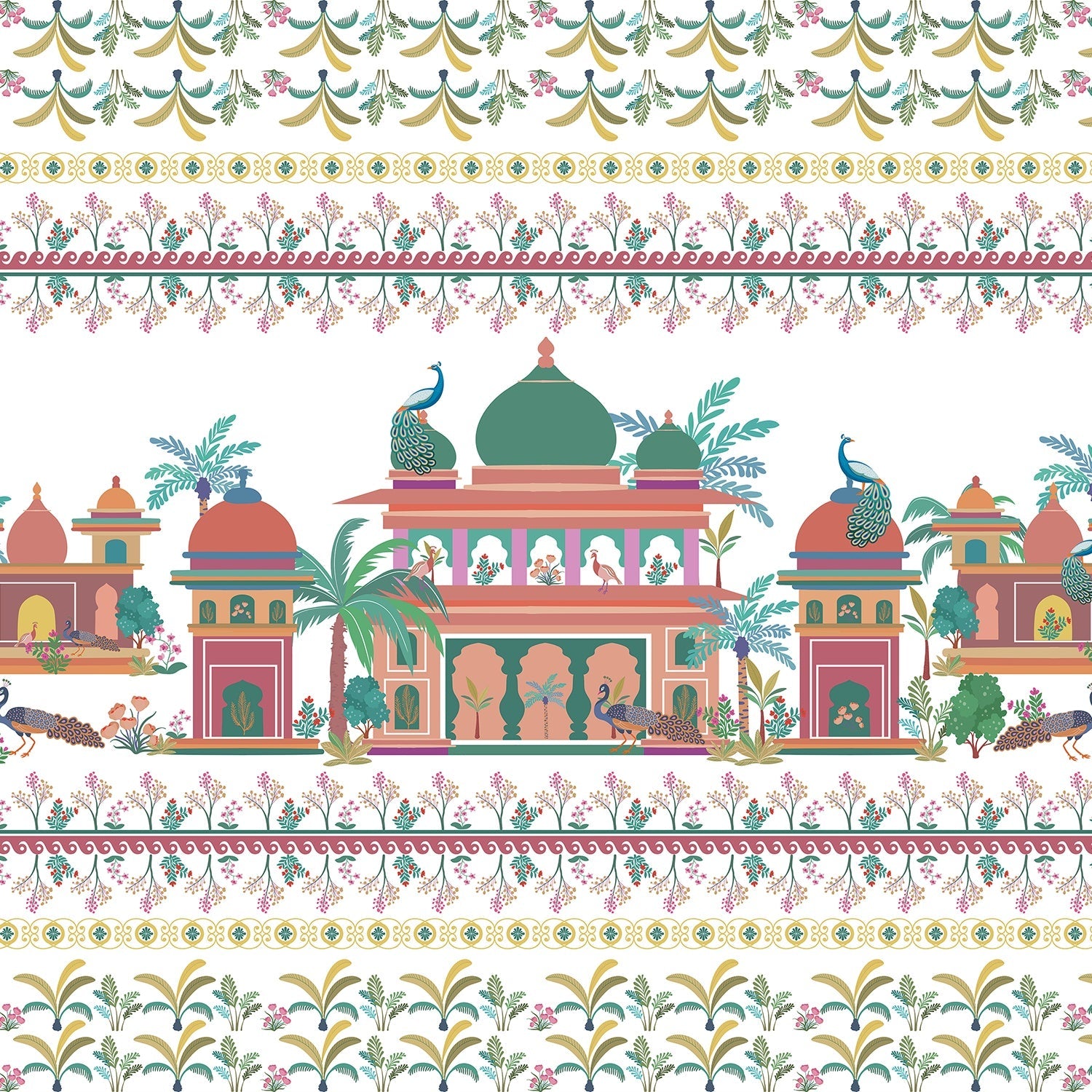 Pink and coral Mughal palace architecture with peacocks and floral border pattern design - view 12 - final