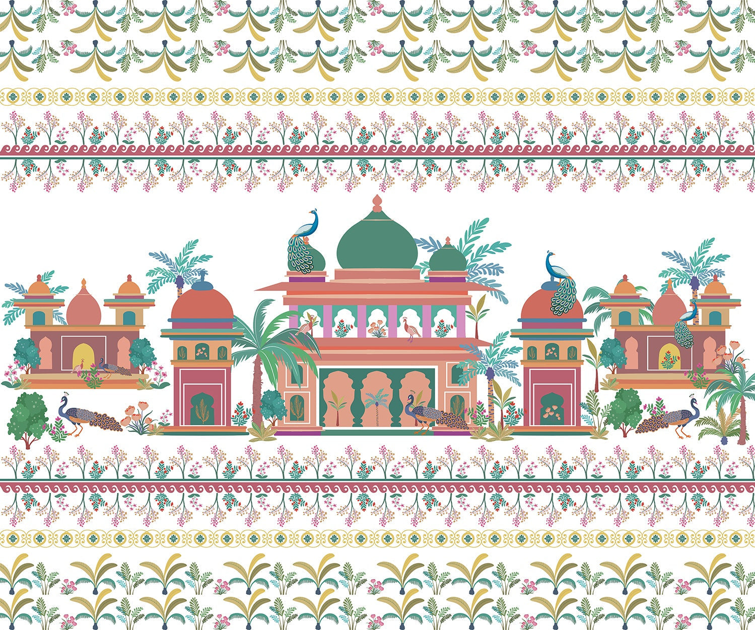"Peacocks in royal courtyard lea - mughal wallpaper mural-inequal final"