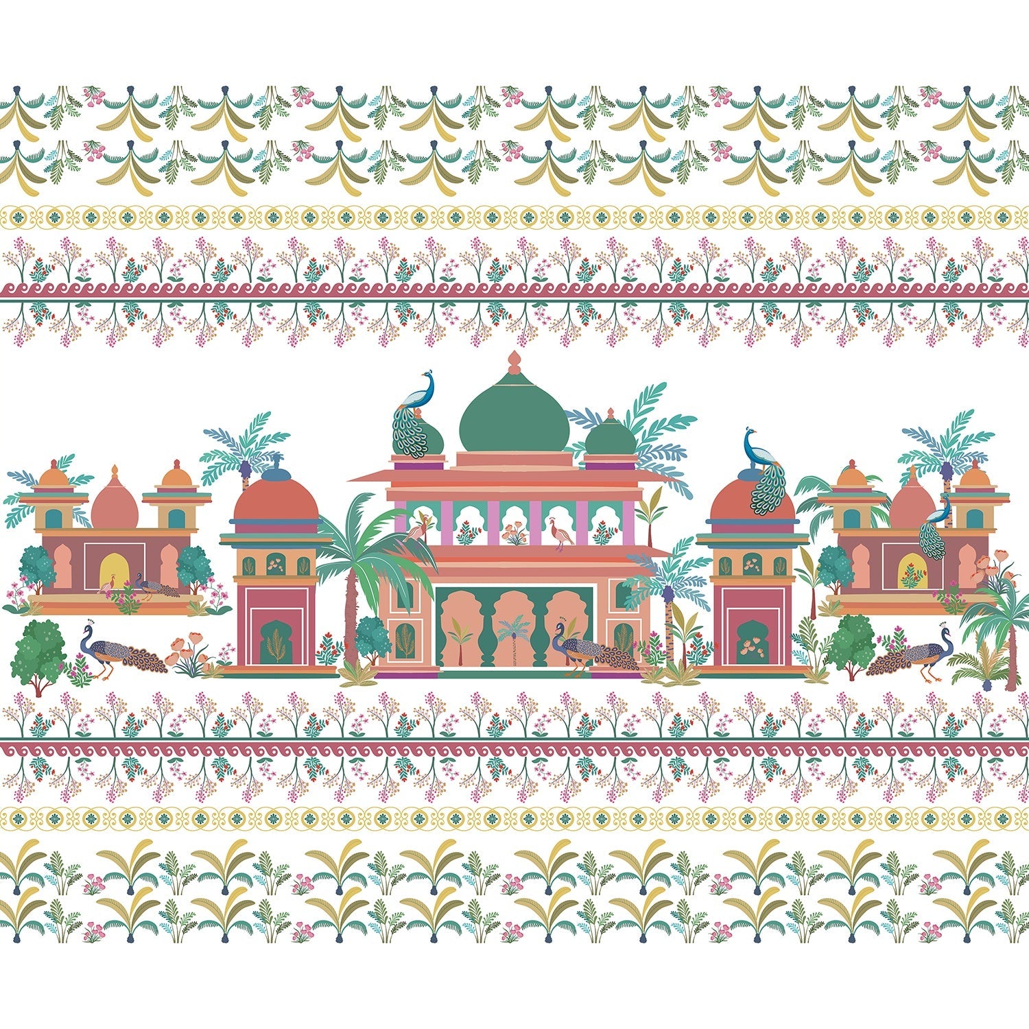 "Peacocks in royal courtyard lea - mughal wallpaper mural-equal final"