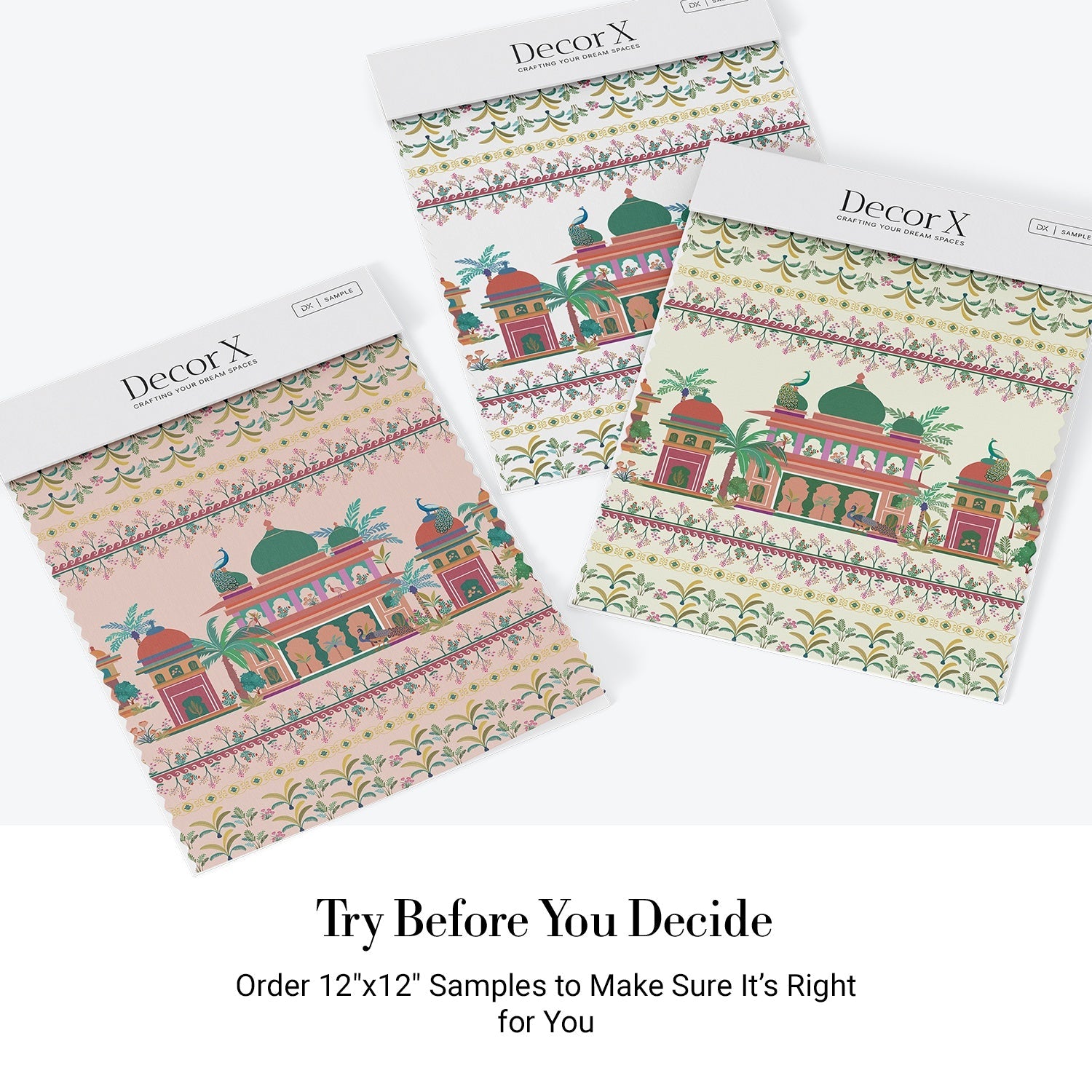 Pink and coral Mughal palace architecture with peacocks and floral border pattern design - view 15 - final all-groups samples