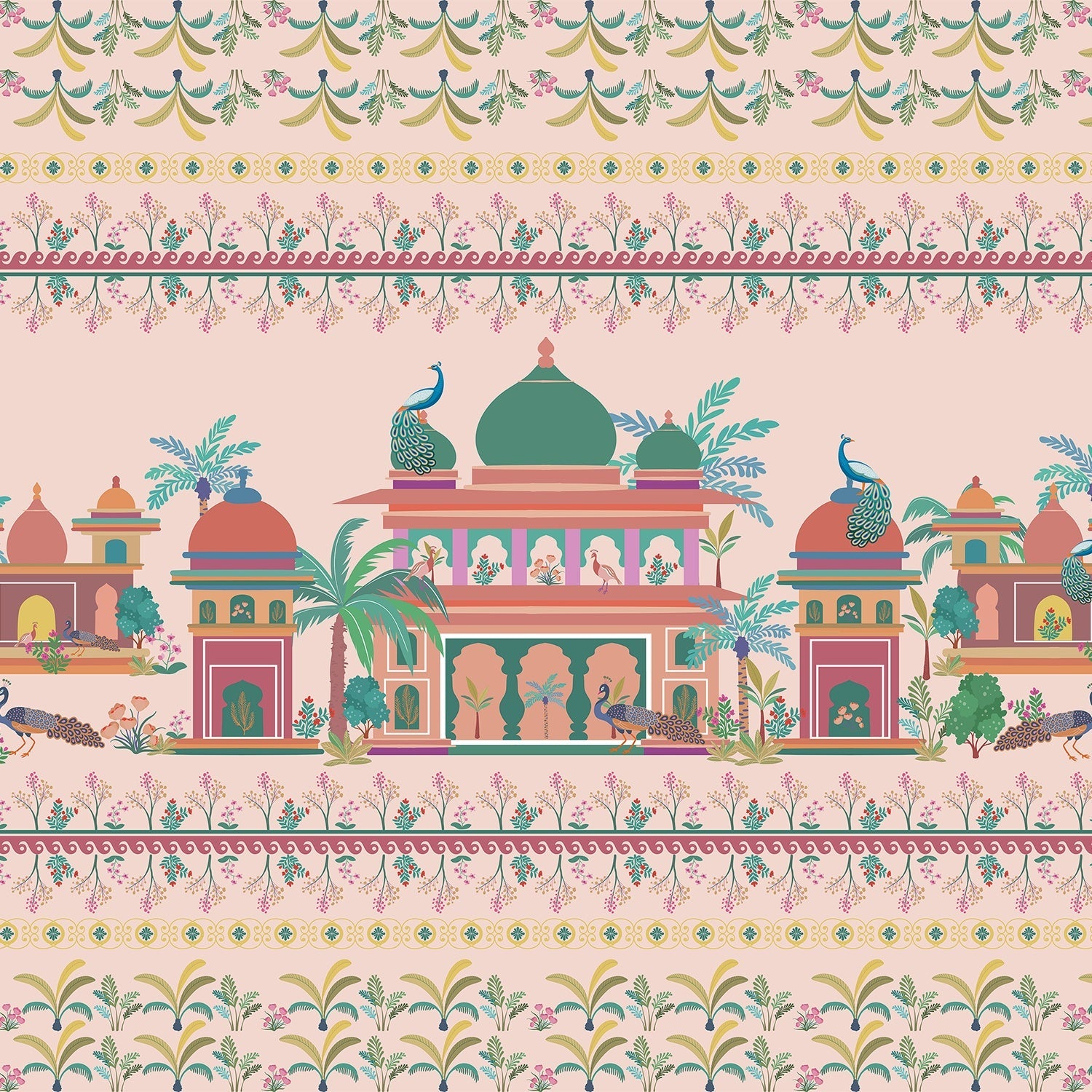 Pink and coral Mughal palace architecture with peacocks and floral border pattern design - view 2 - final