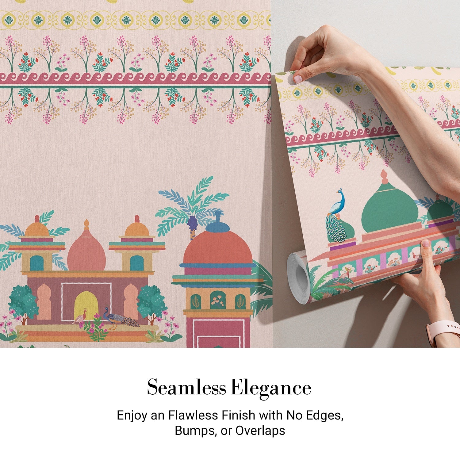 Pink and coral Mughal palace architecture with peacocks and floral border pattern design - view 3 - final