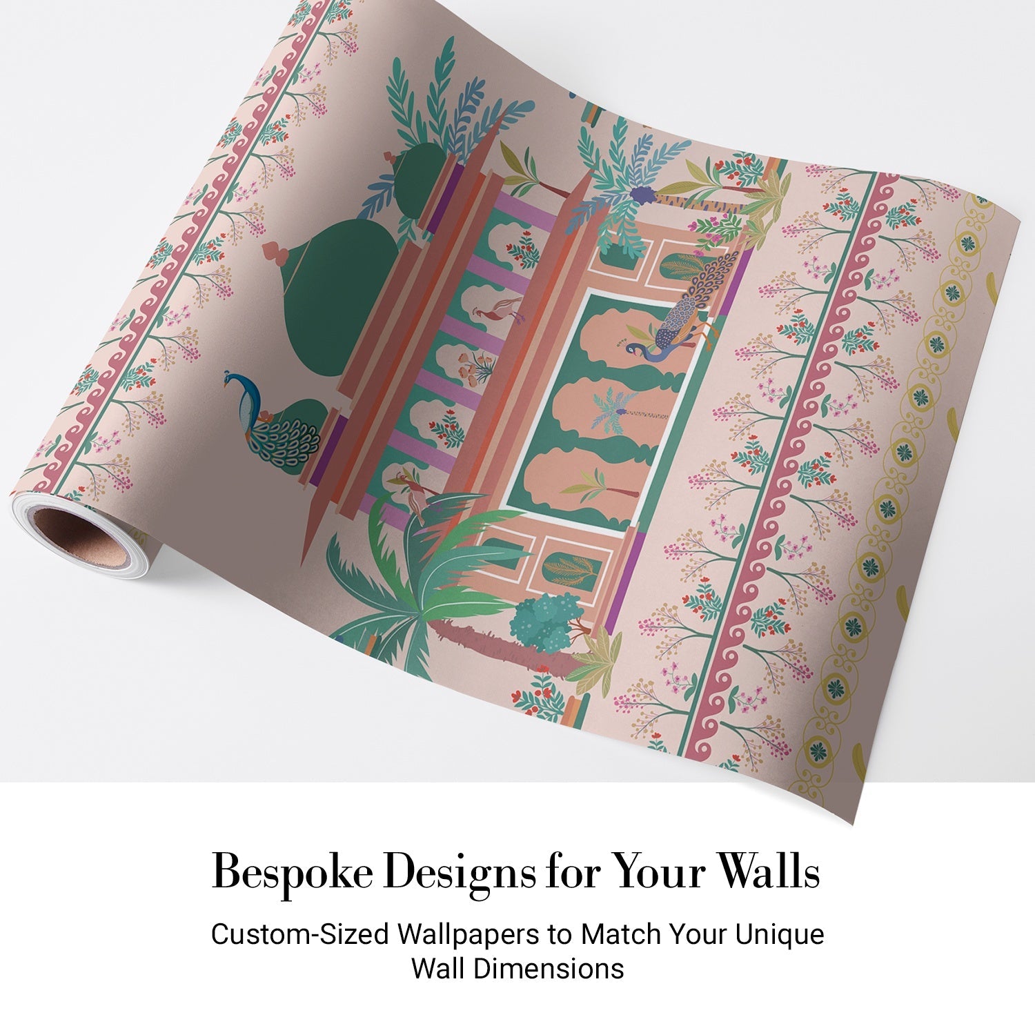 Pink and coral Mughal palace architecture with peacocks and floral border pattern design - view 4 - final