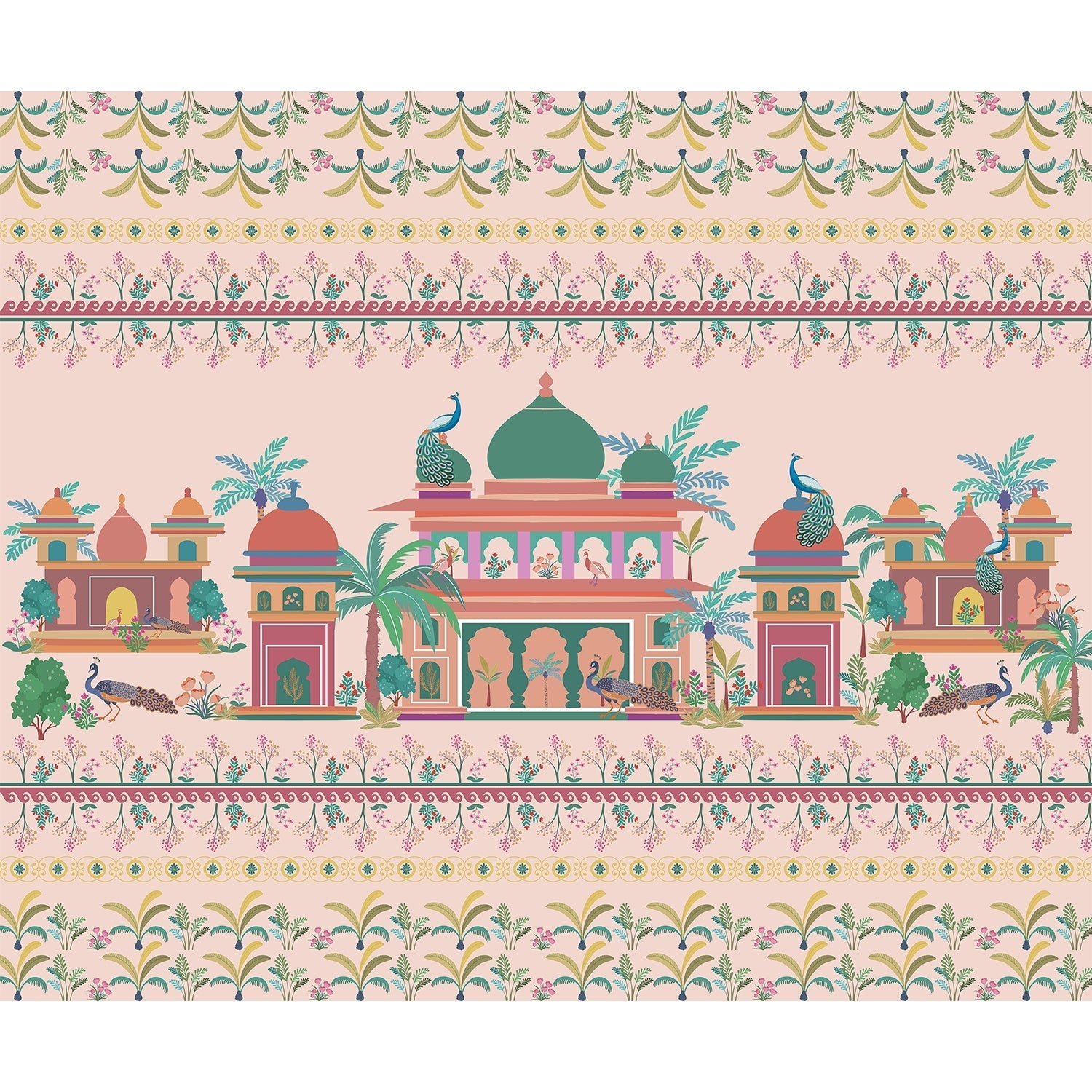 "Peacocks in royal courtyard lea - mughal wallpaper mural-equal final"