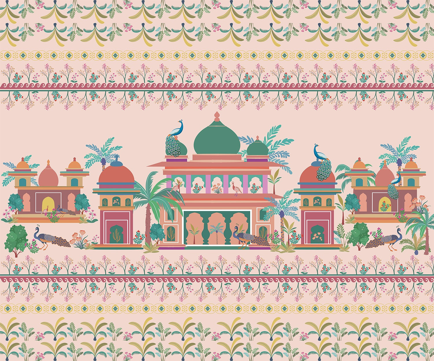 "Peacocks in royal courtyard lea - mughal wallpaper mural-inequal final"