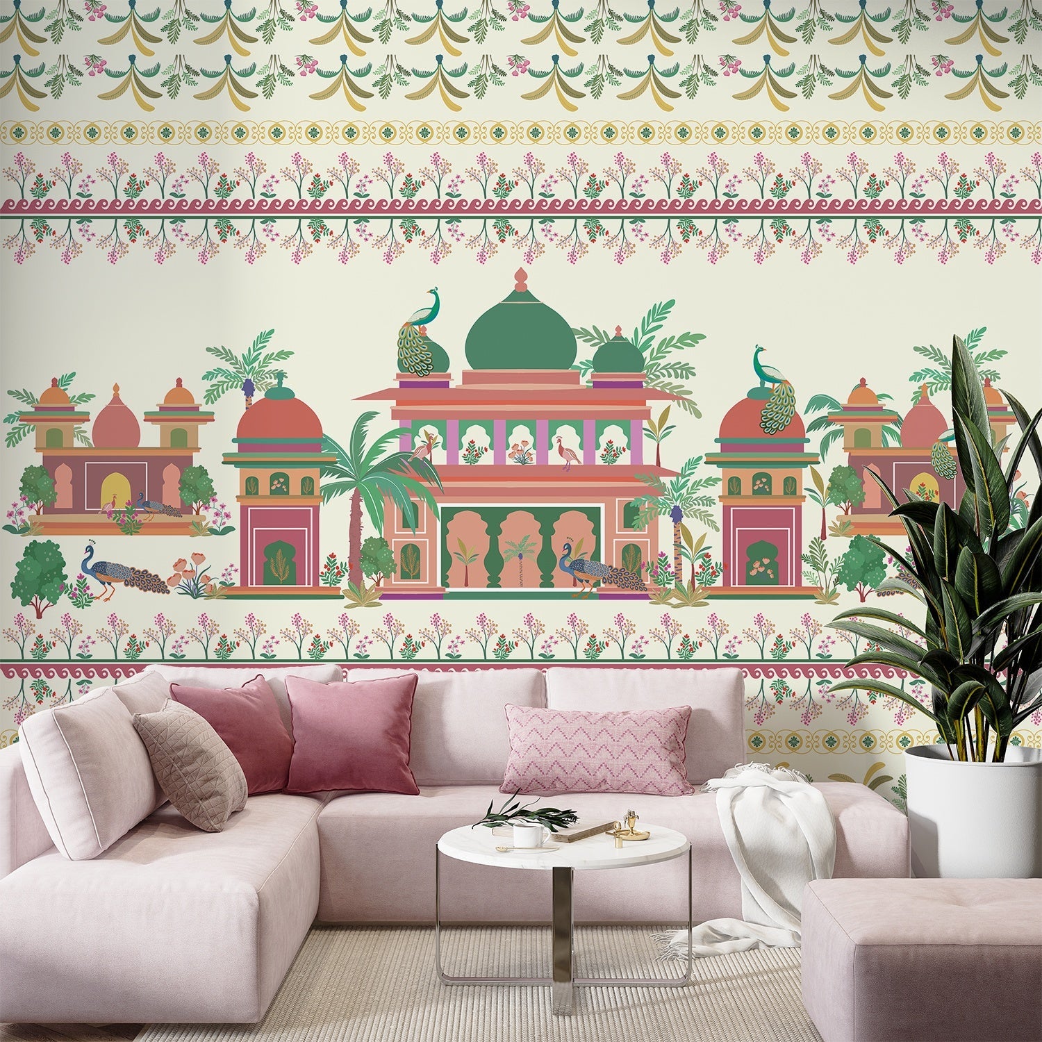 Pink and coral Mughal palace architecture with peacocks and floral border pattern design - view 7 - final