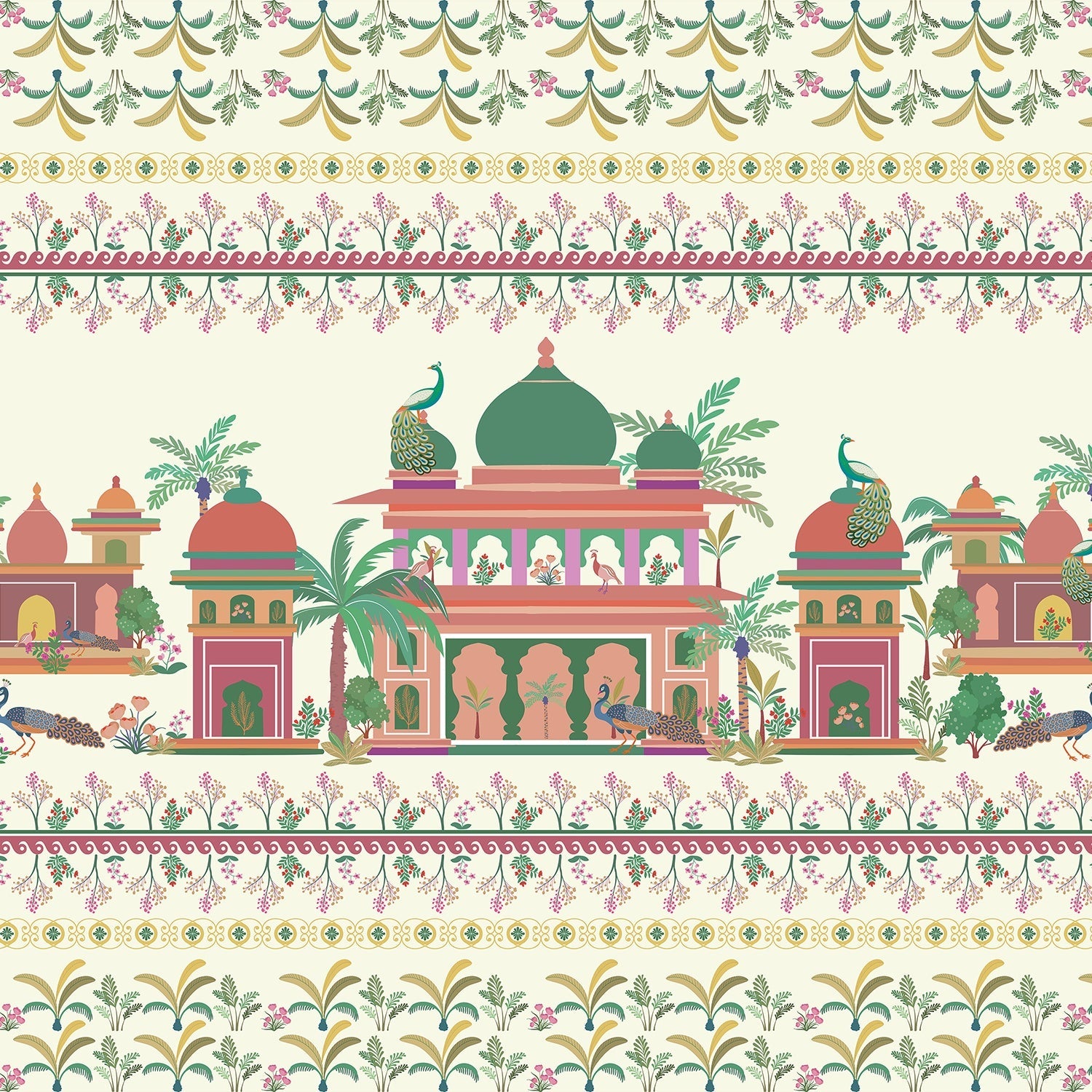 Pink and coral Mughal palace architecture with peacocks and floral border pattern design - view 8 - final