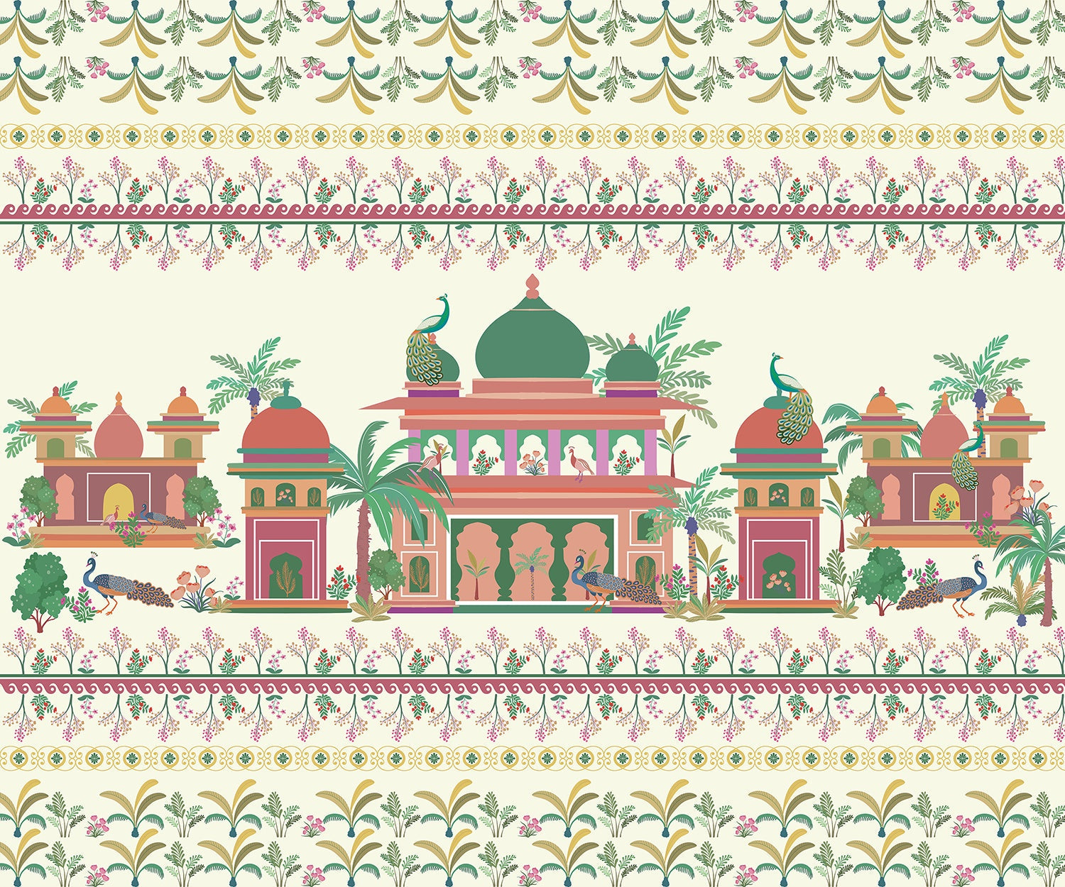 "Peacocks in royal courtyard lea - mughal wallpaper mural-inequal final"