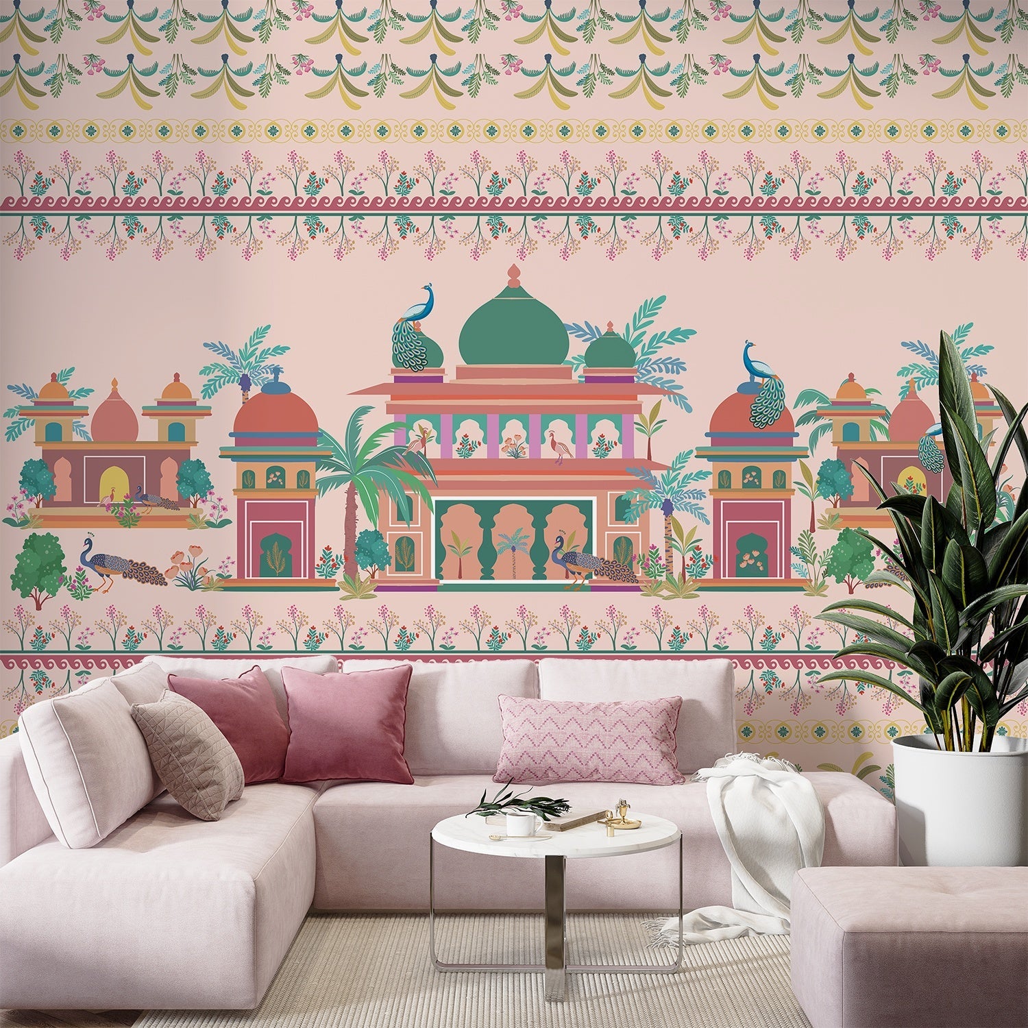 Pink and coral Mughal palace architecture with peacocks and floral border pattern design - final living-room