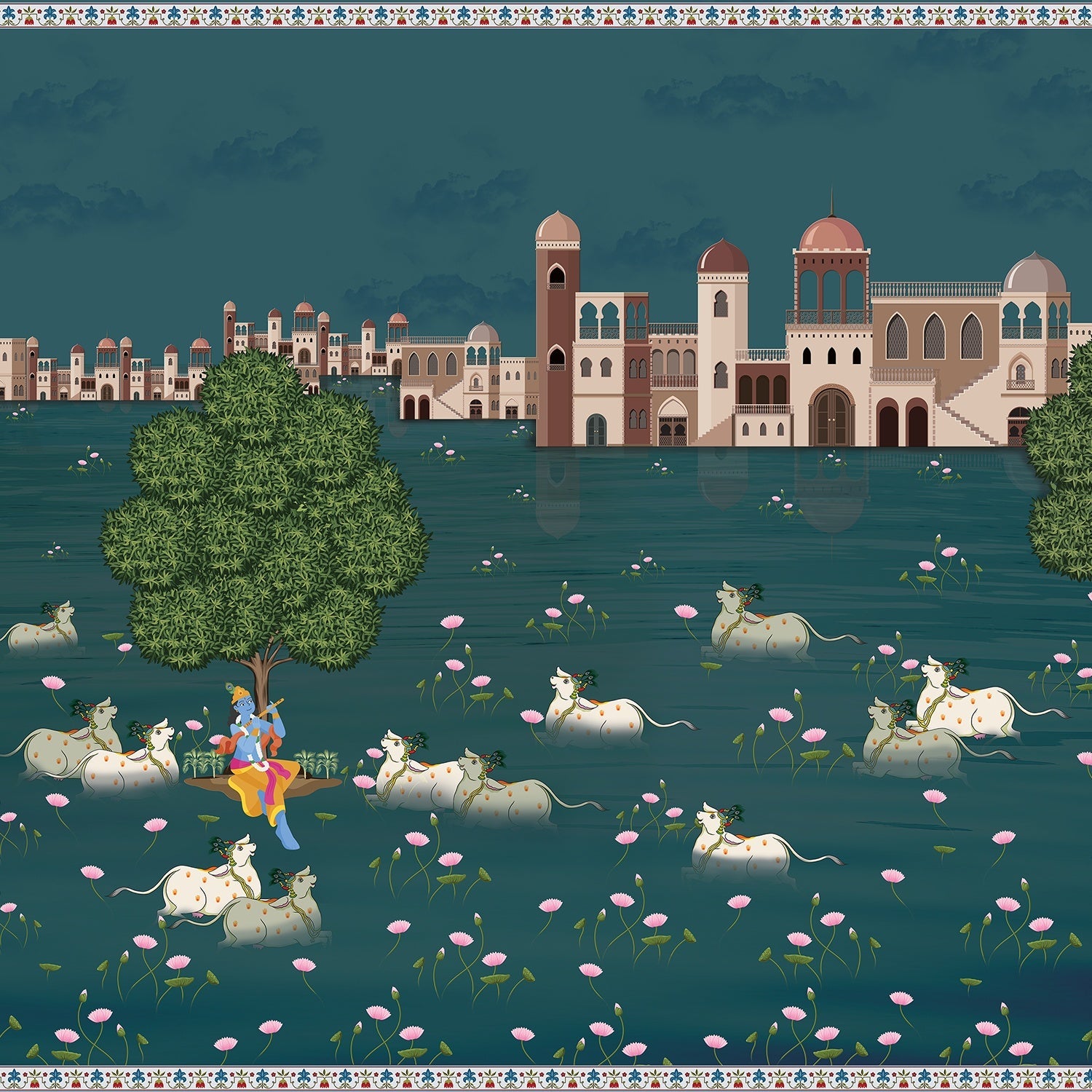 Traditional Pichwai artwork depicting riverside palace with sacred cows and golden deity figure - view 2 - final