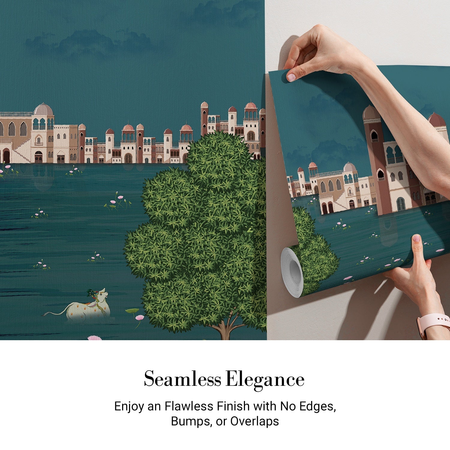 Traditional Pichwai artwork depicting riverside palace with sacred cows and golden deity figure - view 3 - final