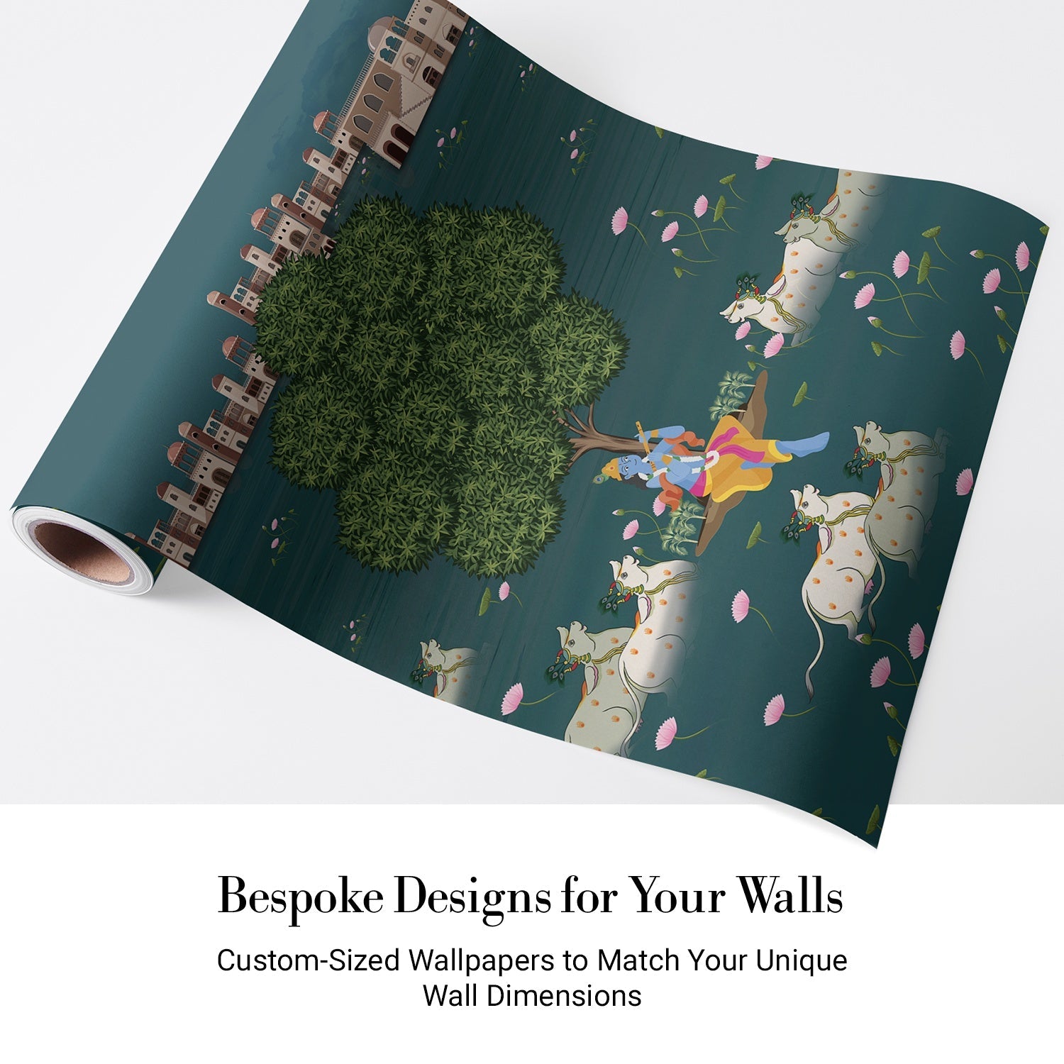 Traditional Pichwai artwork depicting riverside palace with sacred cows and golden deity figure - view 4 - final