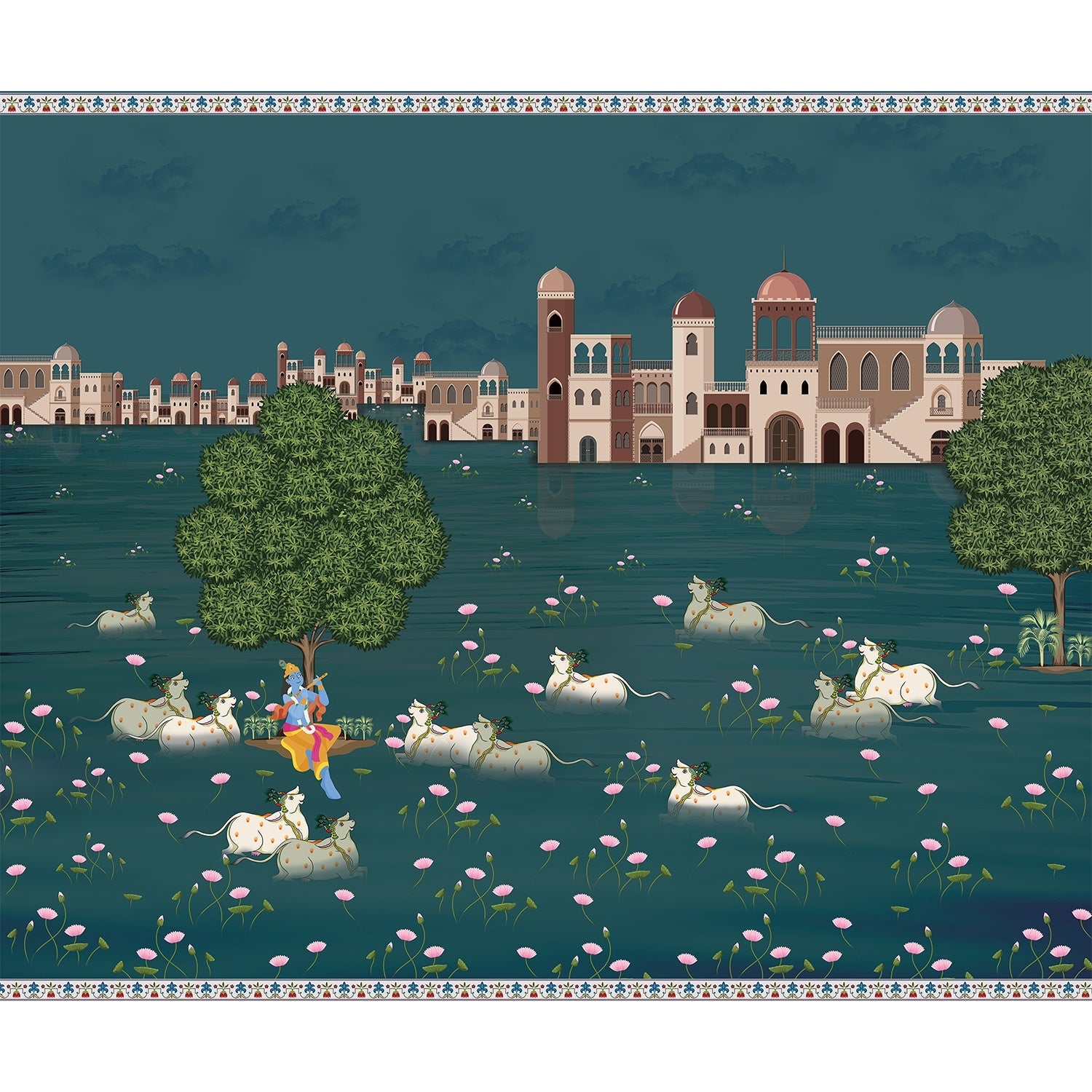 "Krishna river scene in lea - religion wallpaper mural-equal final"
