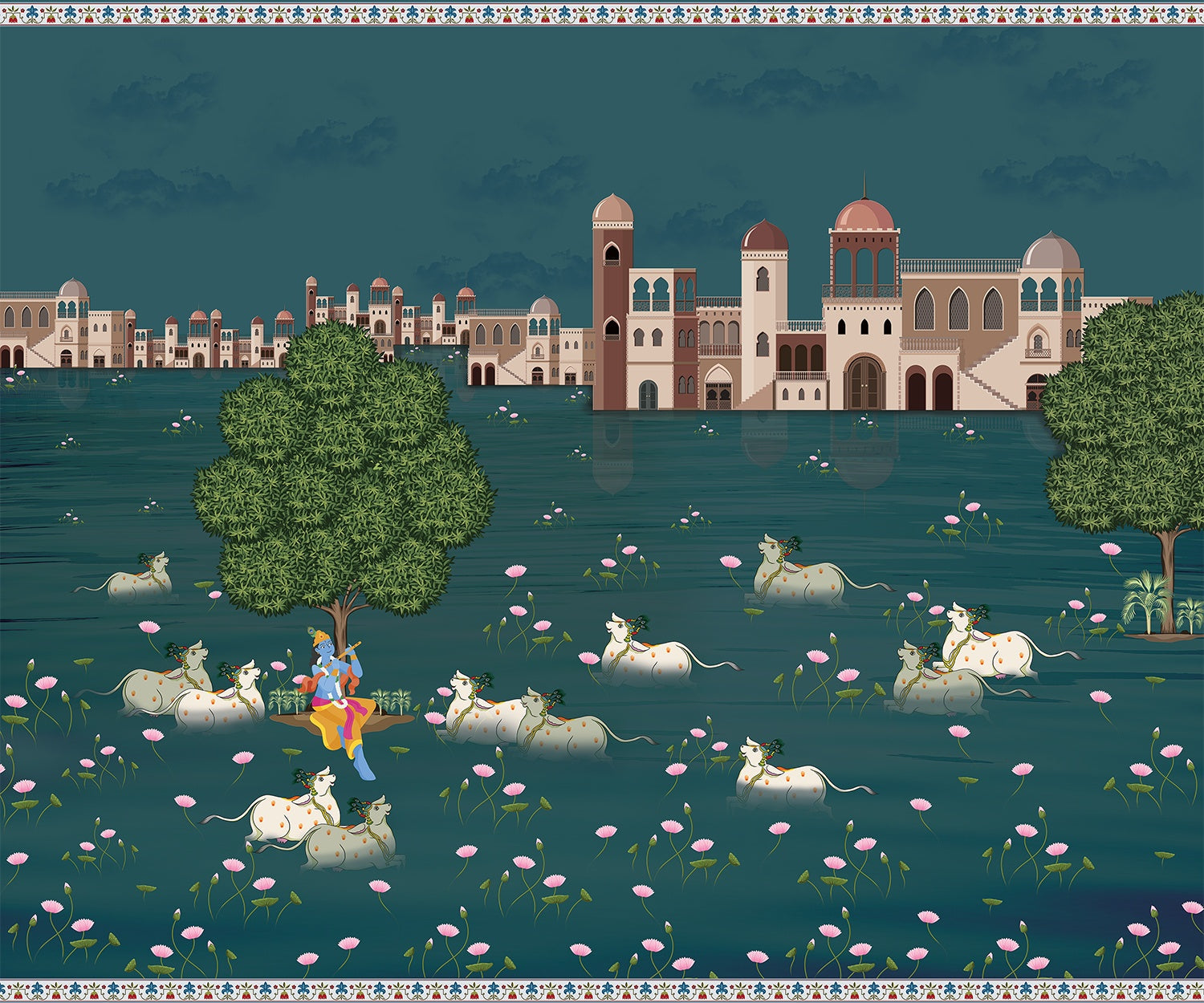 "Krishna river scene in lea - religion wallpaper mural-inequal final"
