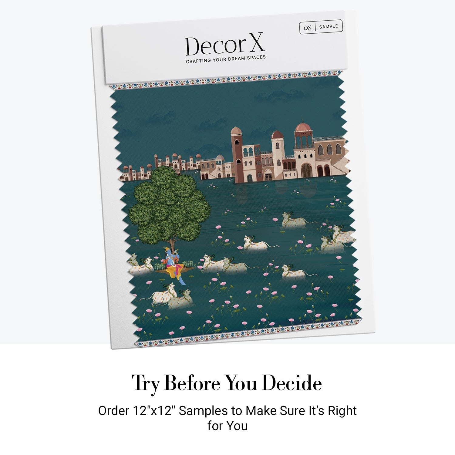 Traditional Pichwai artwork depicting riverside palace with sacred cows and golden deity figure - view 7 - final all-groups samples