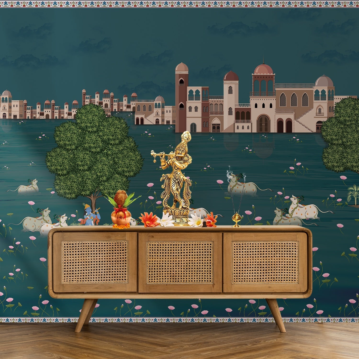 Traditional Pichwai artwork depicting riverside palace with sacred cows and golden deity figure - final pooja-room