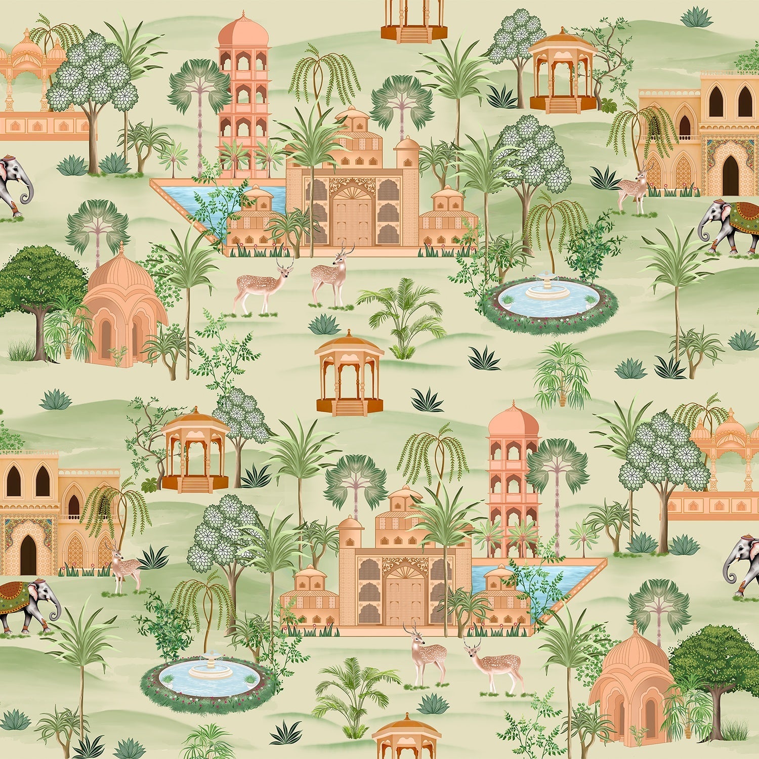 Scenic Indian landscape with coral palaces, elephants and gazelles in traditional Mughal style - view 2 - final