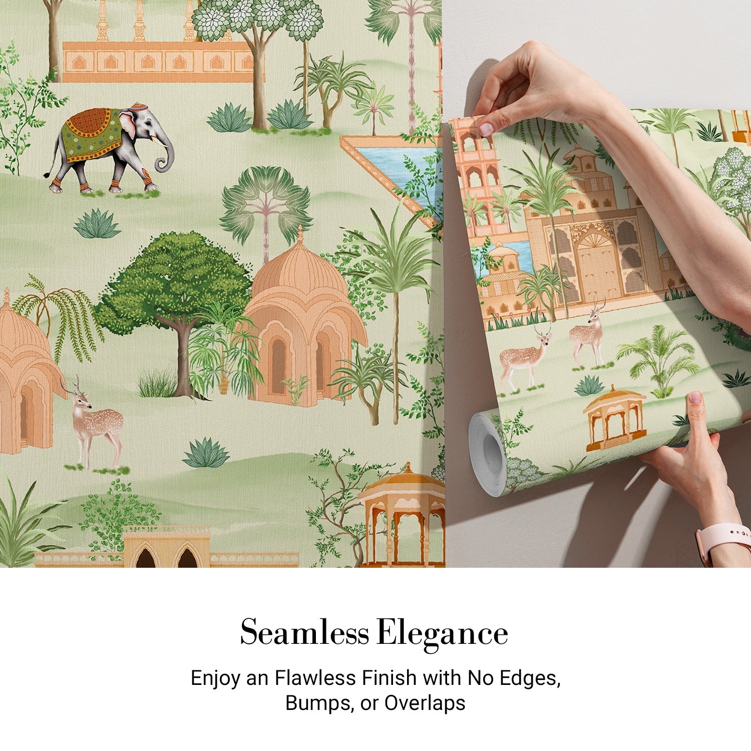 Scenic Indian landscape with coral palaces, elephants and gazelles in traditional Mughal style - view 3 - final