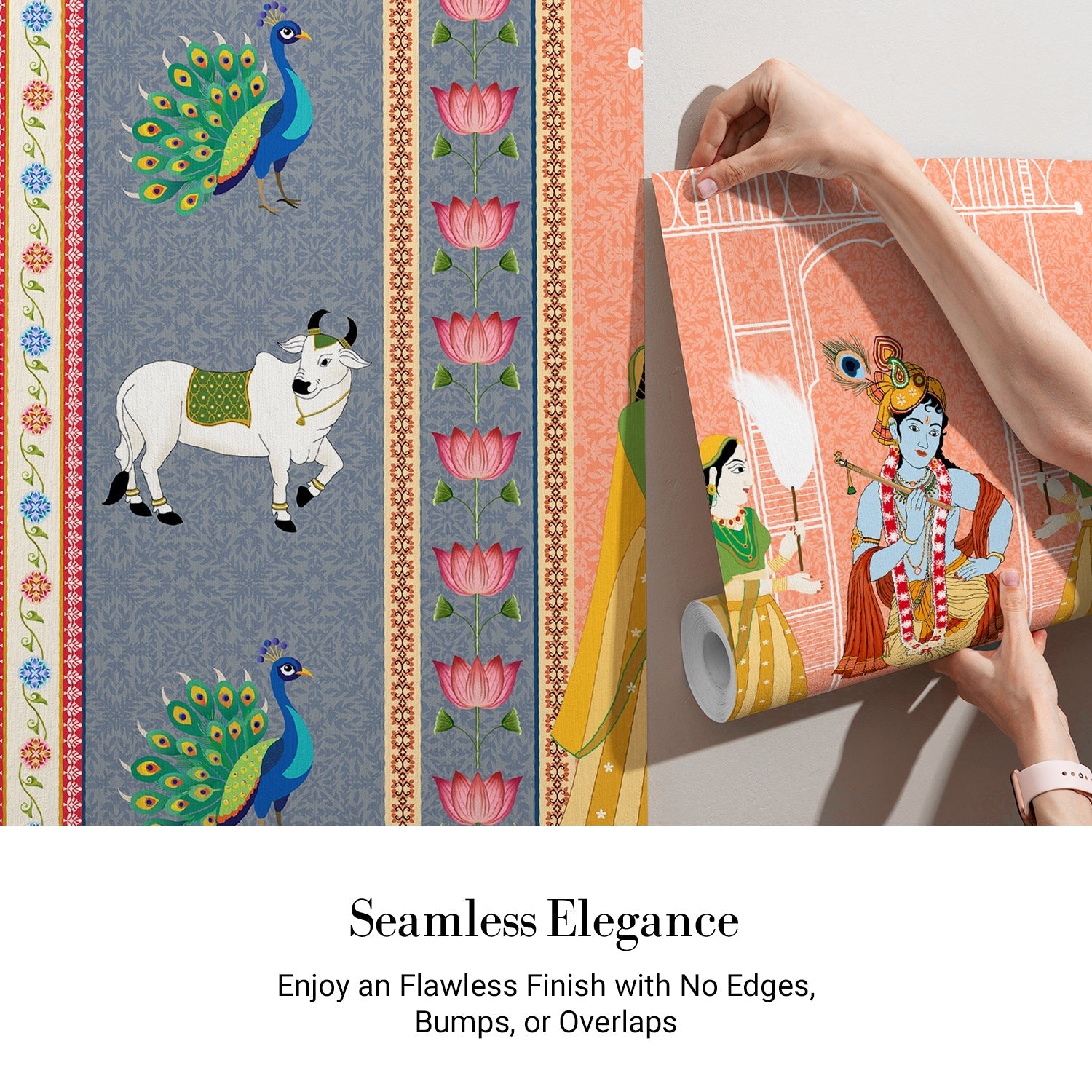 Traditional Pichwai artwork featuring peacocks, sacred cows and lotus flowers in coral backdrop - view 4 - final