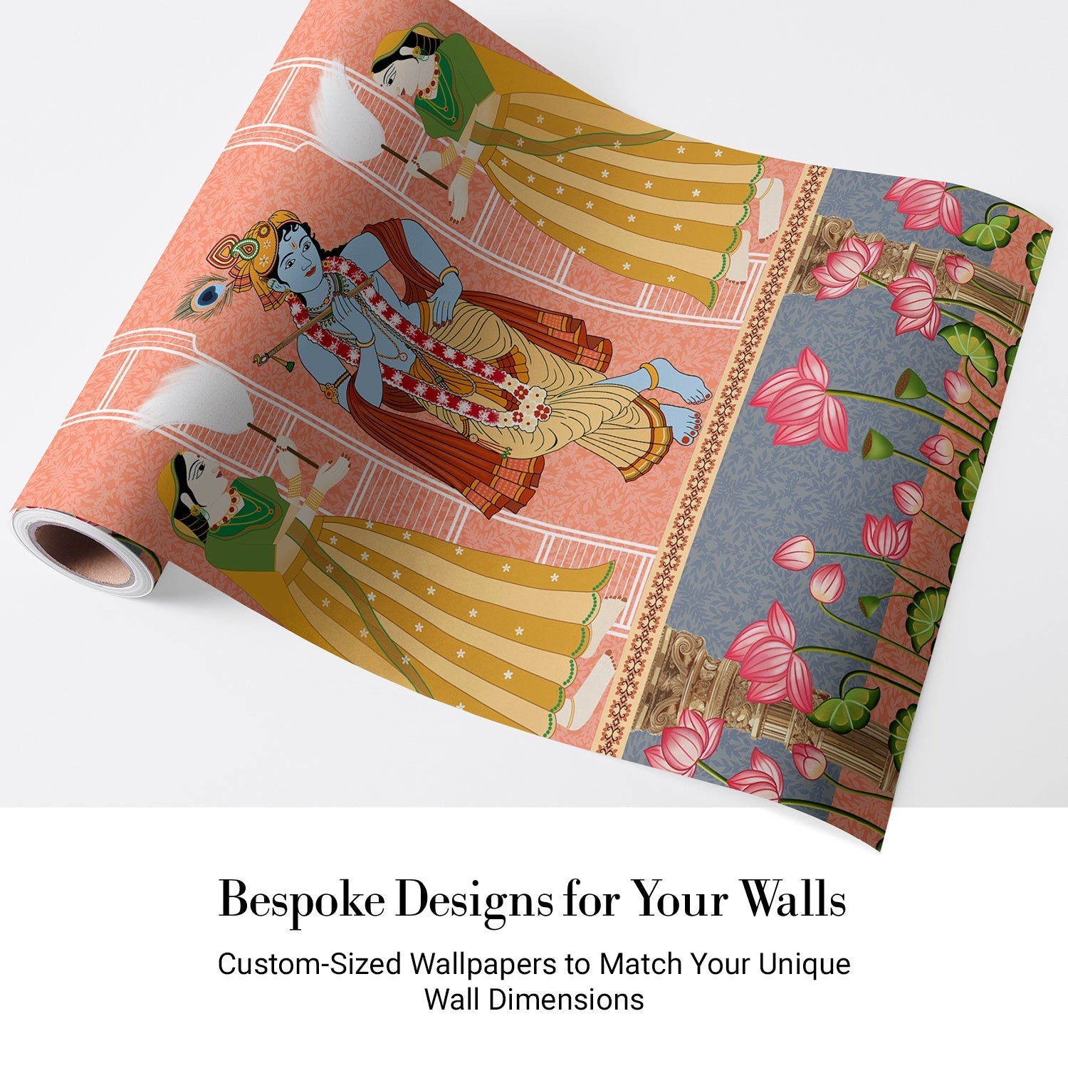 Traditional Pichwai artwork featuring peacocks, sacred cows and lotus flowers in coral backdrop - view 5 - final