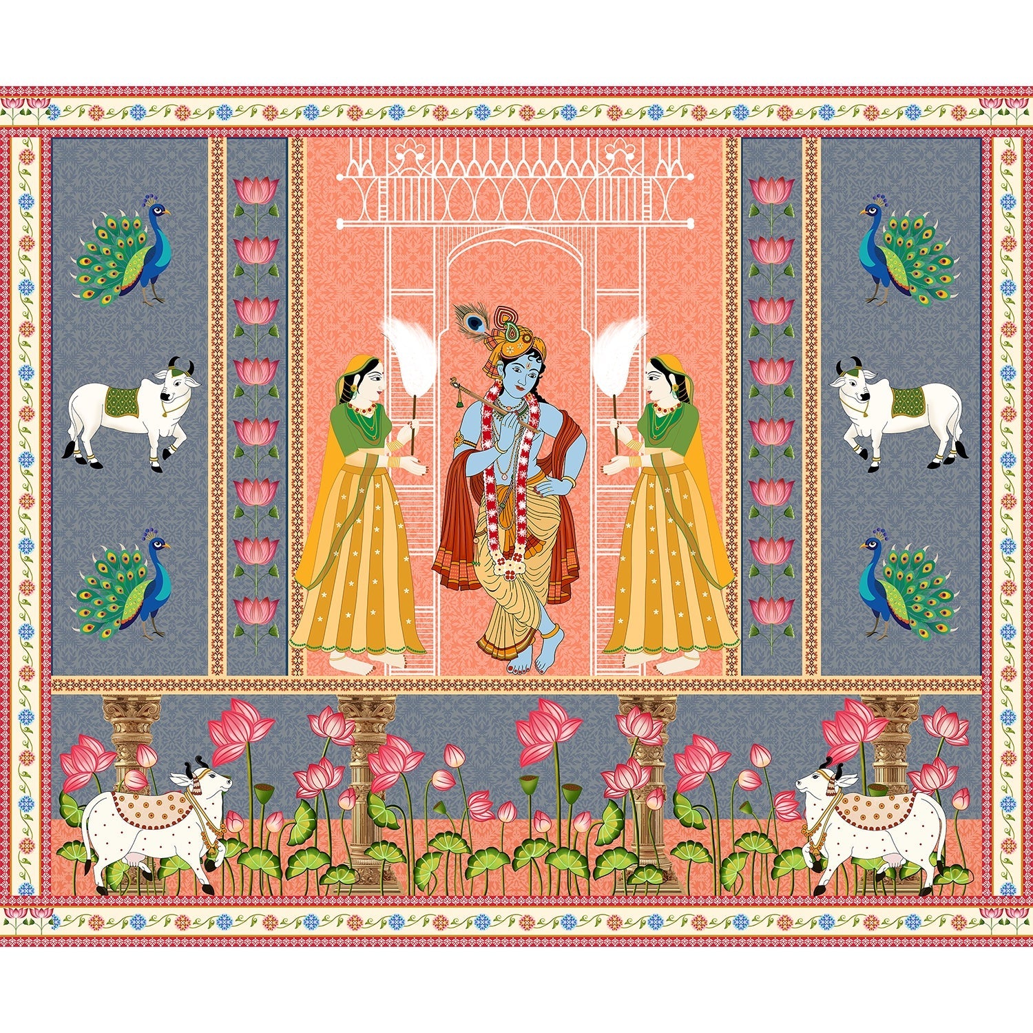 "Radha Krishna embracing in lea - religion wallpaper mural-equal final"
