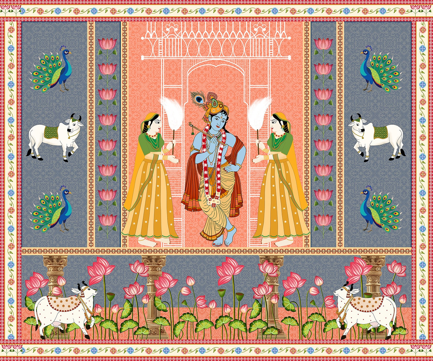 "Radha Krishna divine love scene in lea - religion wallpaper mural-inequal final"