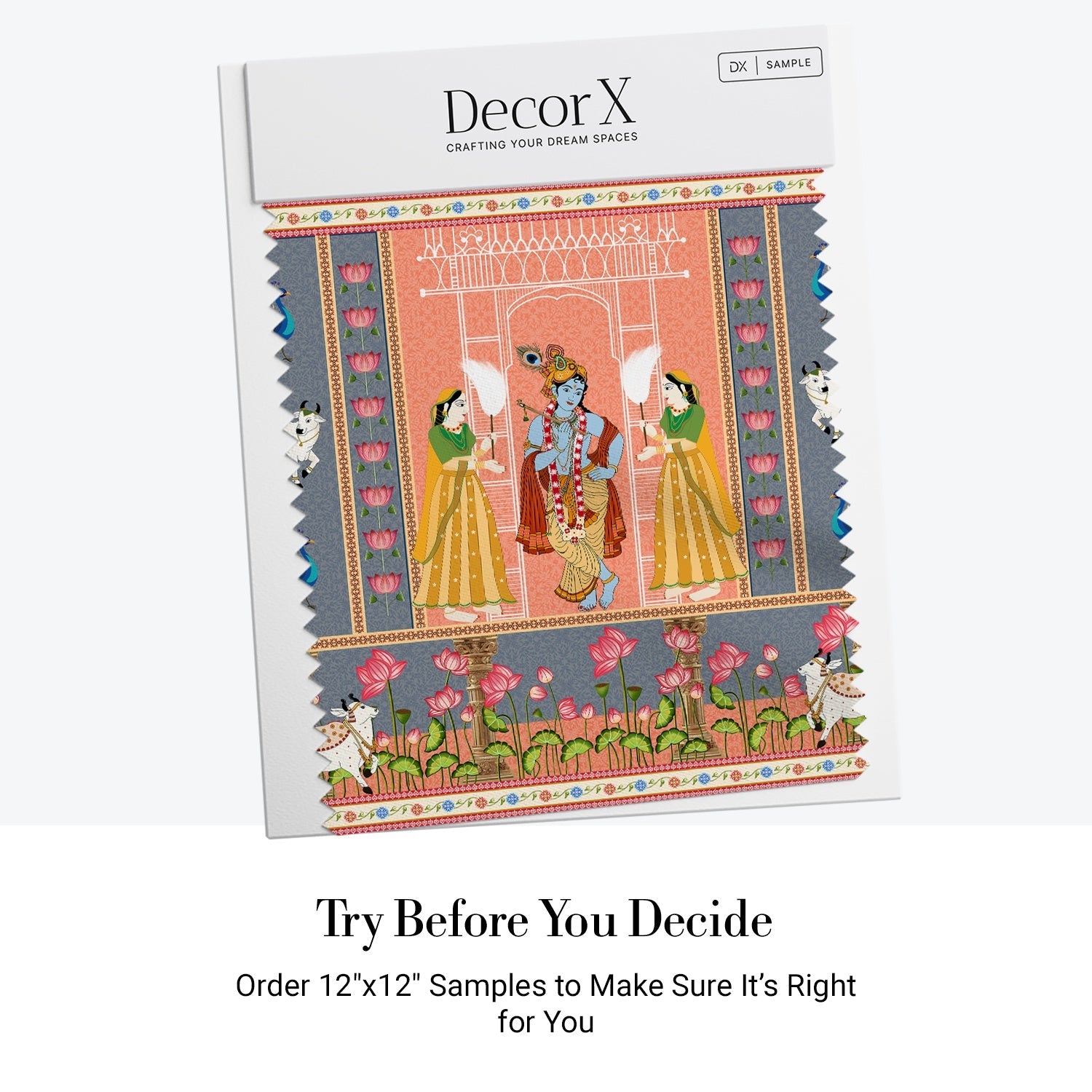 Traditional Pichwai artwork featuring peacocks, sacred cows and lotus flowers in coral backdrop - view 8 - final all-groups samples