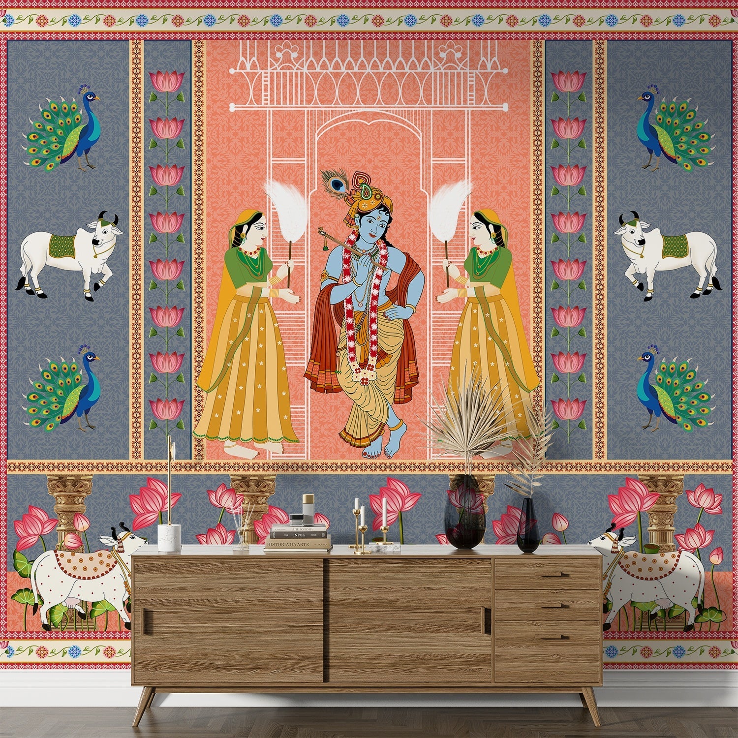 Traditional Pichwai artwork featuring peacocks, sacred cows and lotus flowers in coral backdrop - final foyer