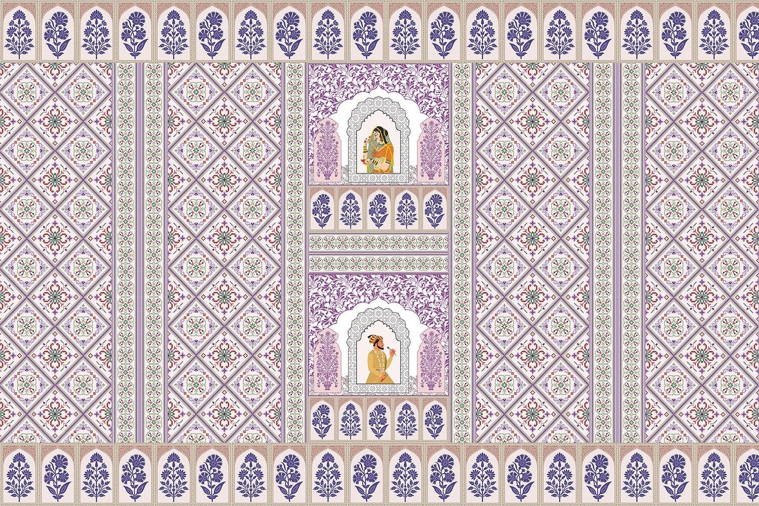 "Vintage mughal courtyard scene in lea - mughal wallpaper mural-inequal final"