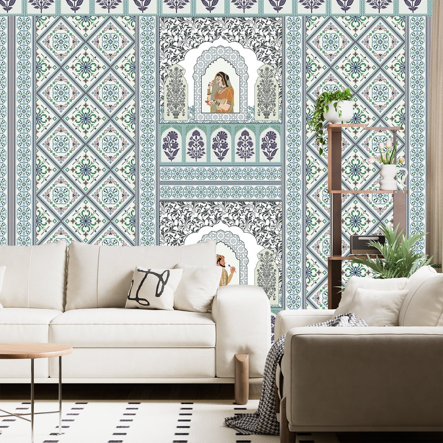 Pink and white traditional Indian palace arches with geometric diamond patterns and floral motifs - view 13 - final