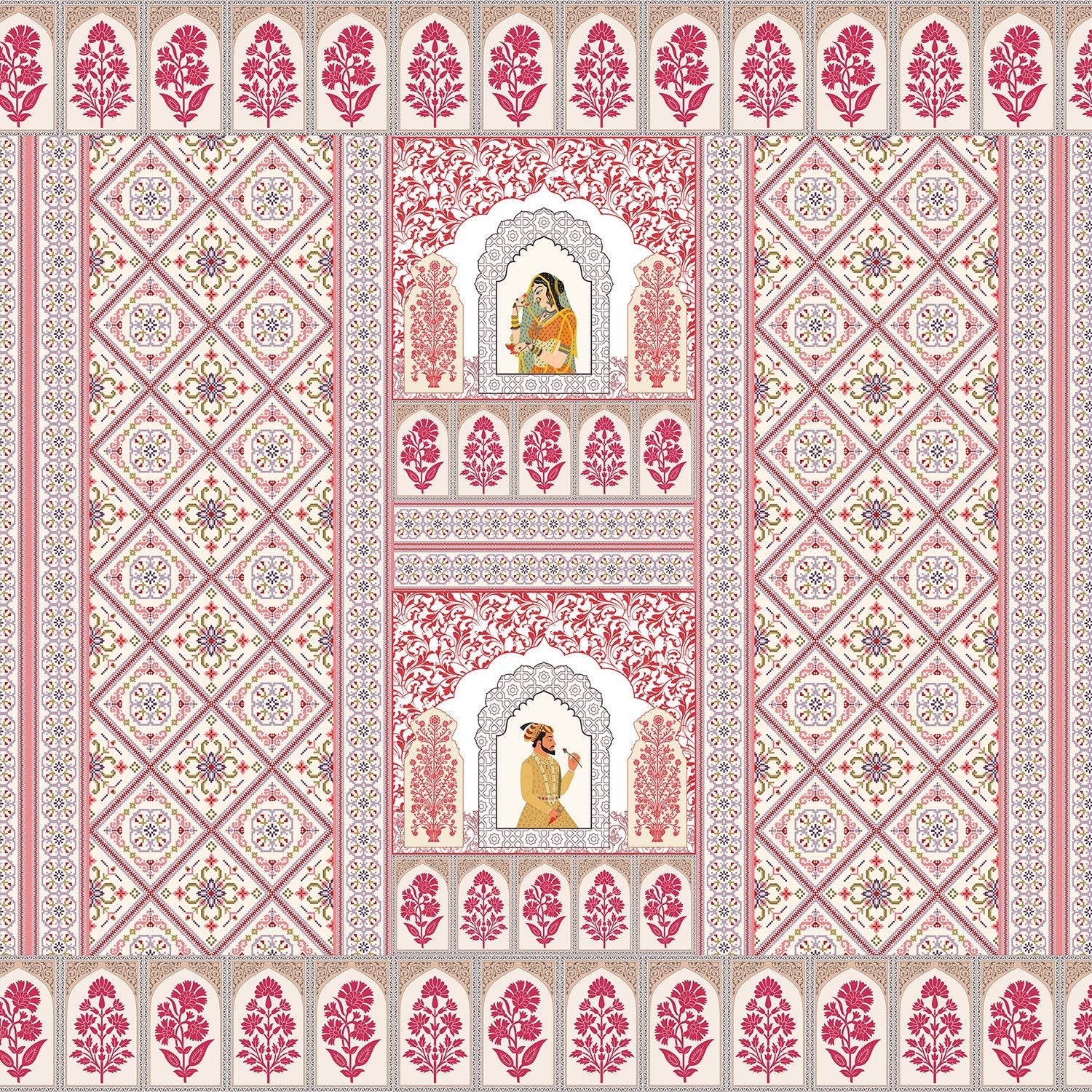 Pink and white traditional Indian palace arches with geometric diamond patterns and floral motifs - view 2 - final