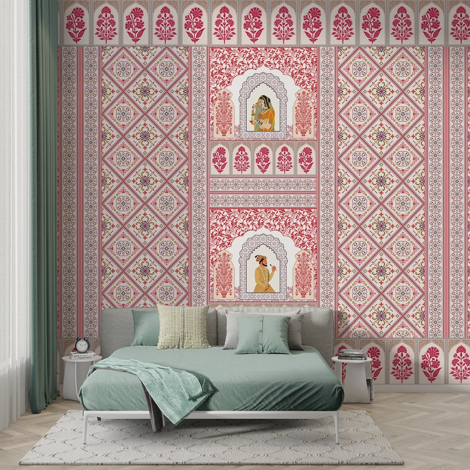 Pink and white traditional Indian palace arches with geometric diamond patterns and floral motifs - view 3 - final bed-room
