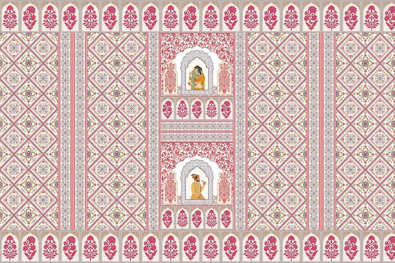 "Vintage mughal courtyard scene in lea - mughal wallpaper mural-inequal final"