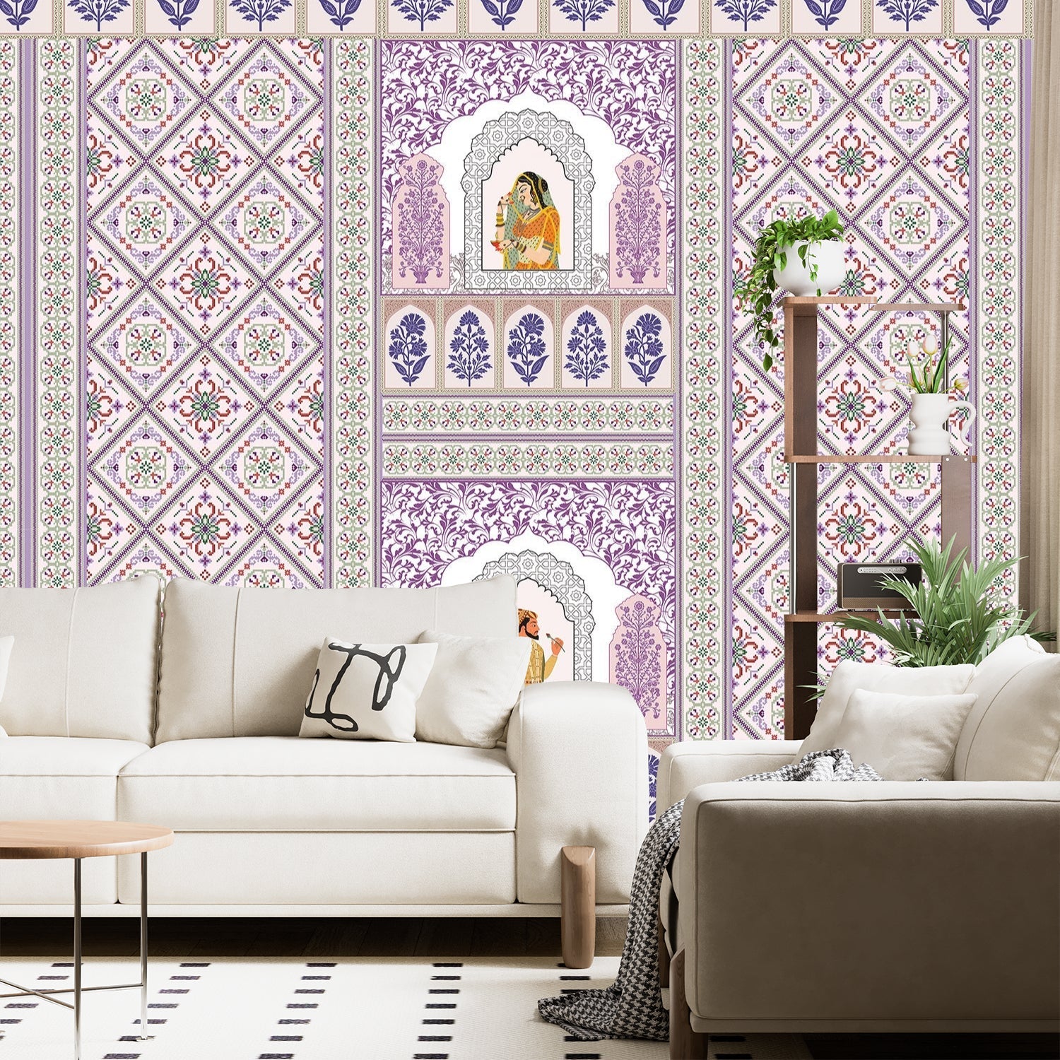Pink and white traditional Indian palace arches with geometric diamond patterns and floral motifs - view 8 - final