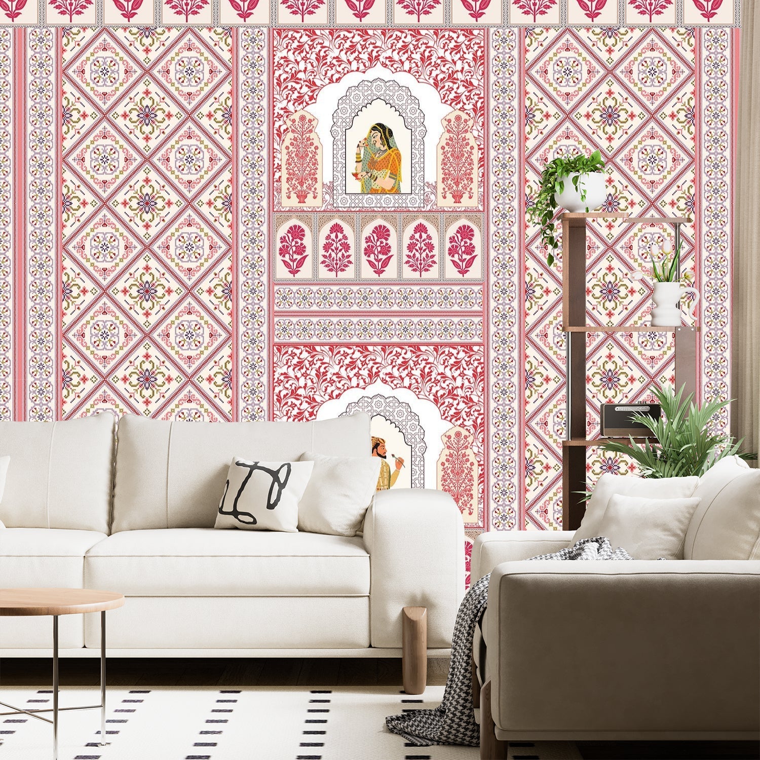 Pink and white traditional Indian palace arches with geometric diamond patterns and floral motifs - final living-room