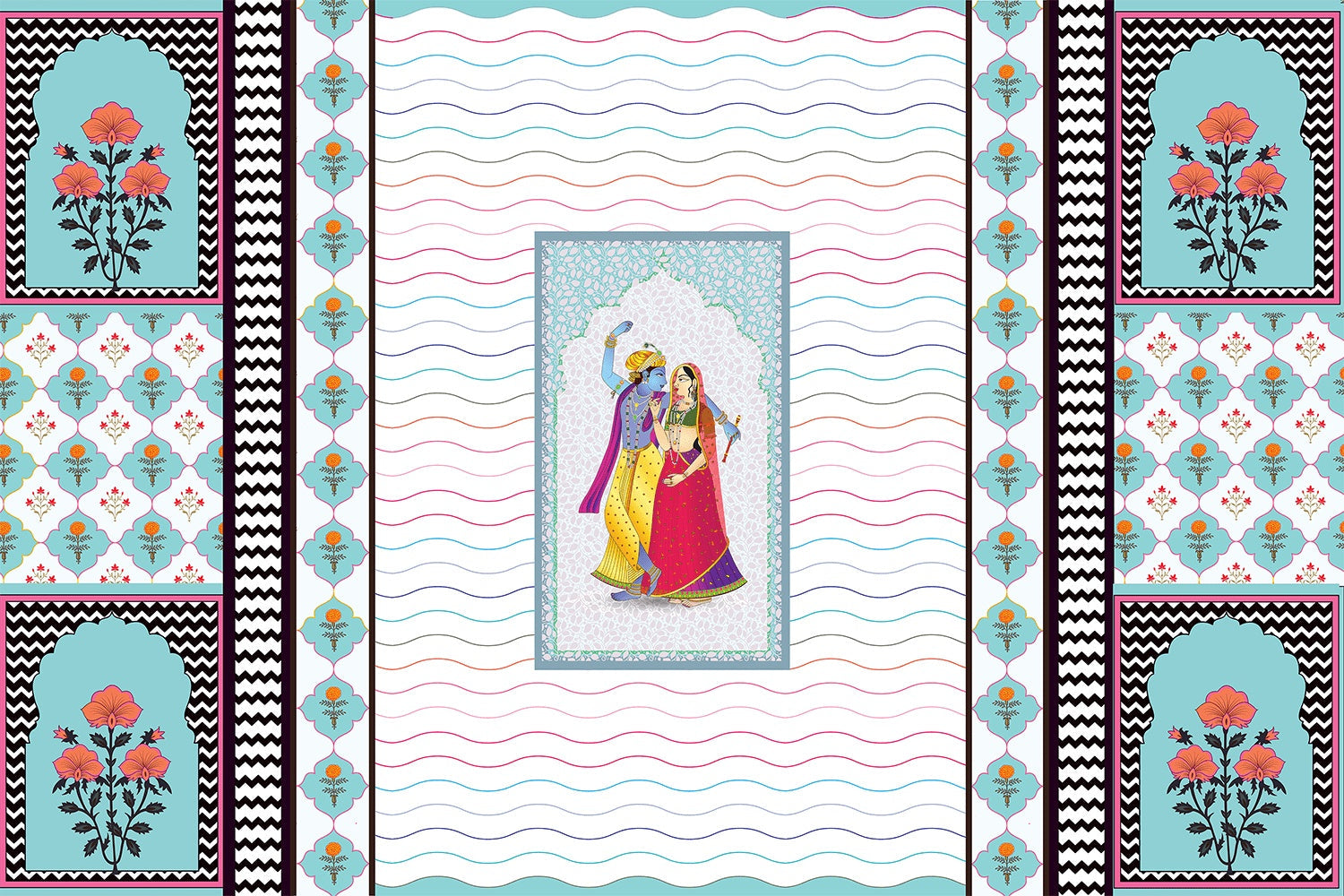 "Radha-Krishna divine love scene in lea - religion wallpaper mural-inequal final"