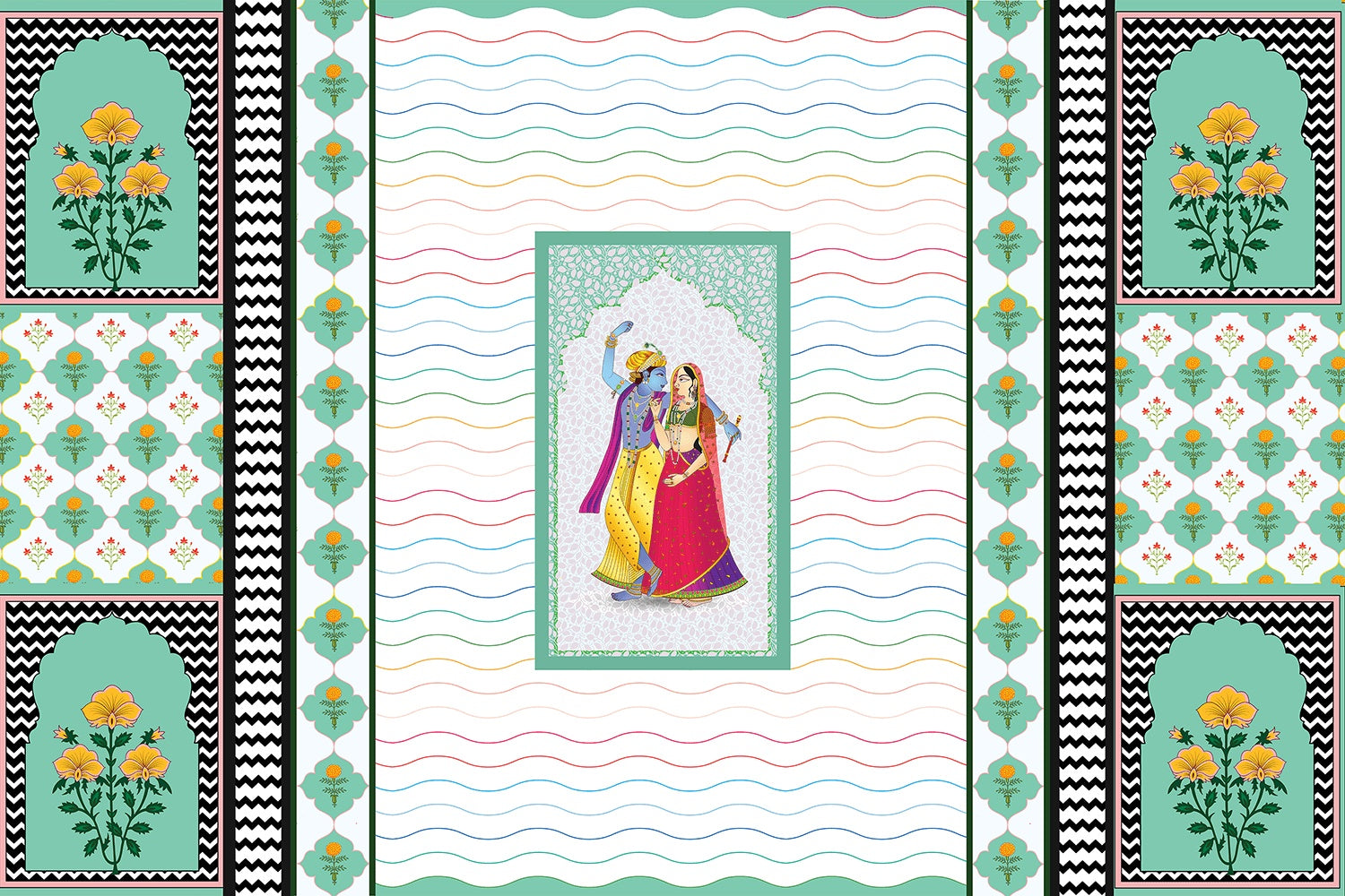 "Radha-Krishna divine love scene in lea - religion wallpaper mural-inequal final"