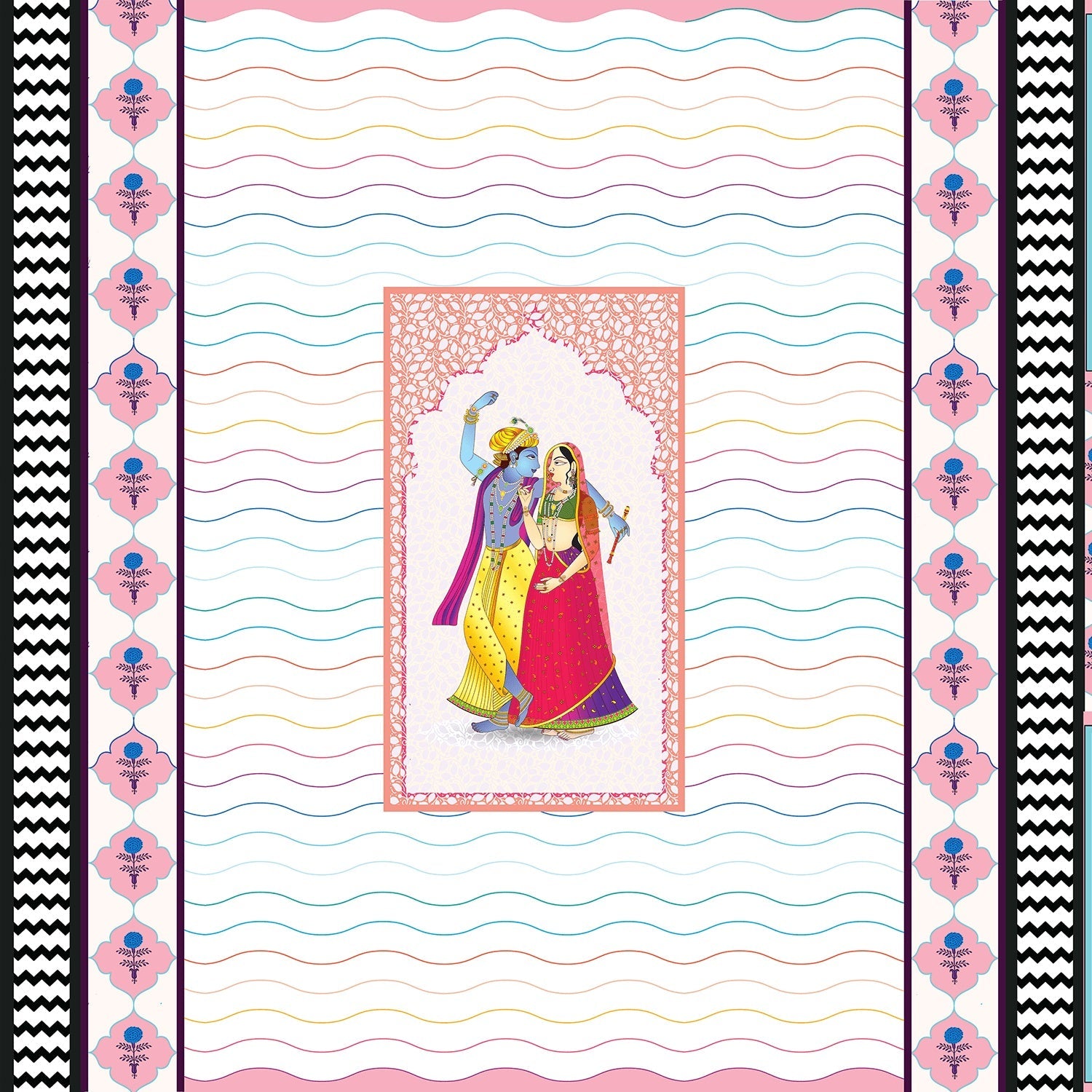 Traditional Indian artwork with decorative waves and geometric borders featuring cultural dance illustration - view 19 - final