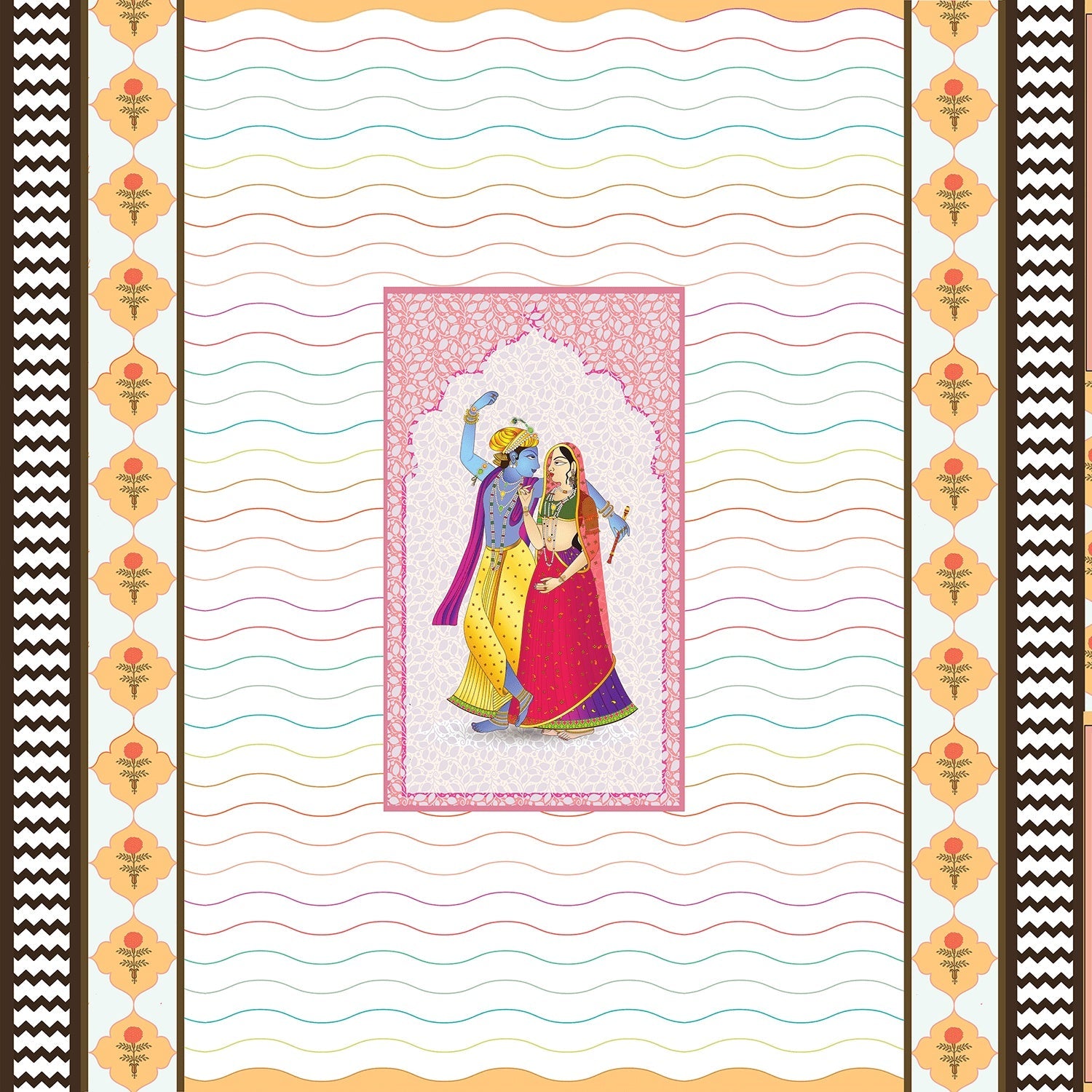 Traditional Indian artwork with decorative waves and geometric borders featuring cultural dance illustration - view 2 - final