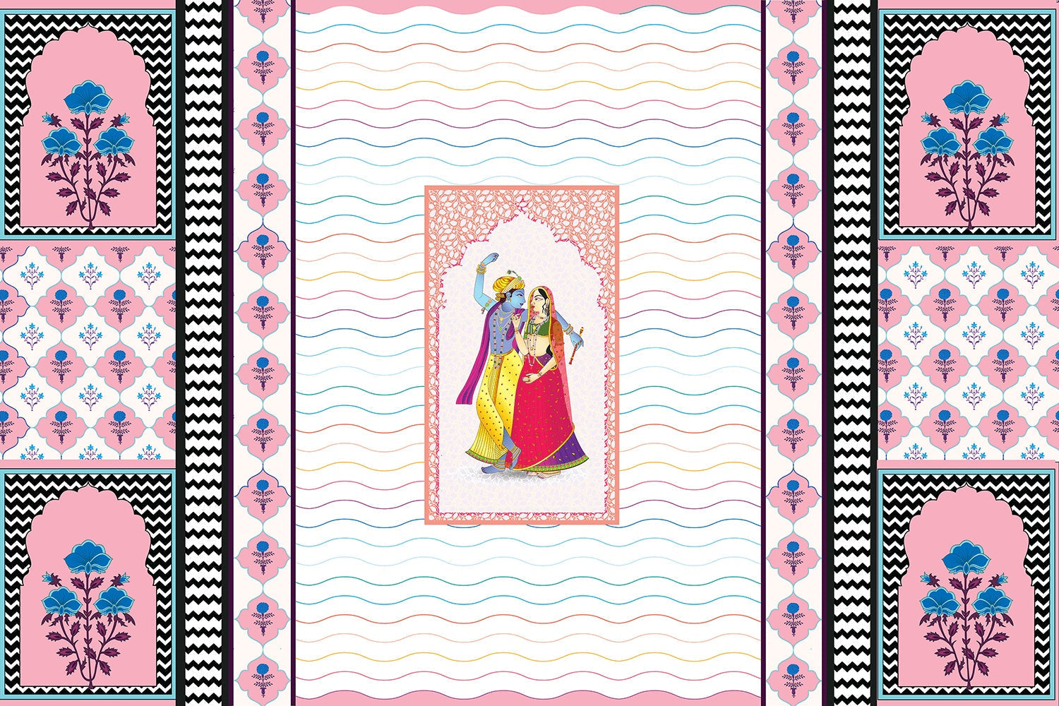 "Radha-Krishna divine love scene in lea - religion wallpaper mural-inequal final"