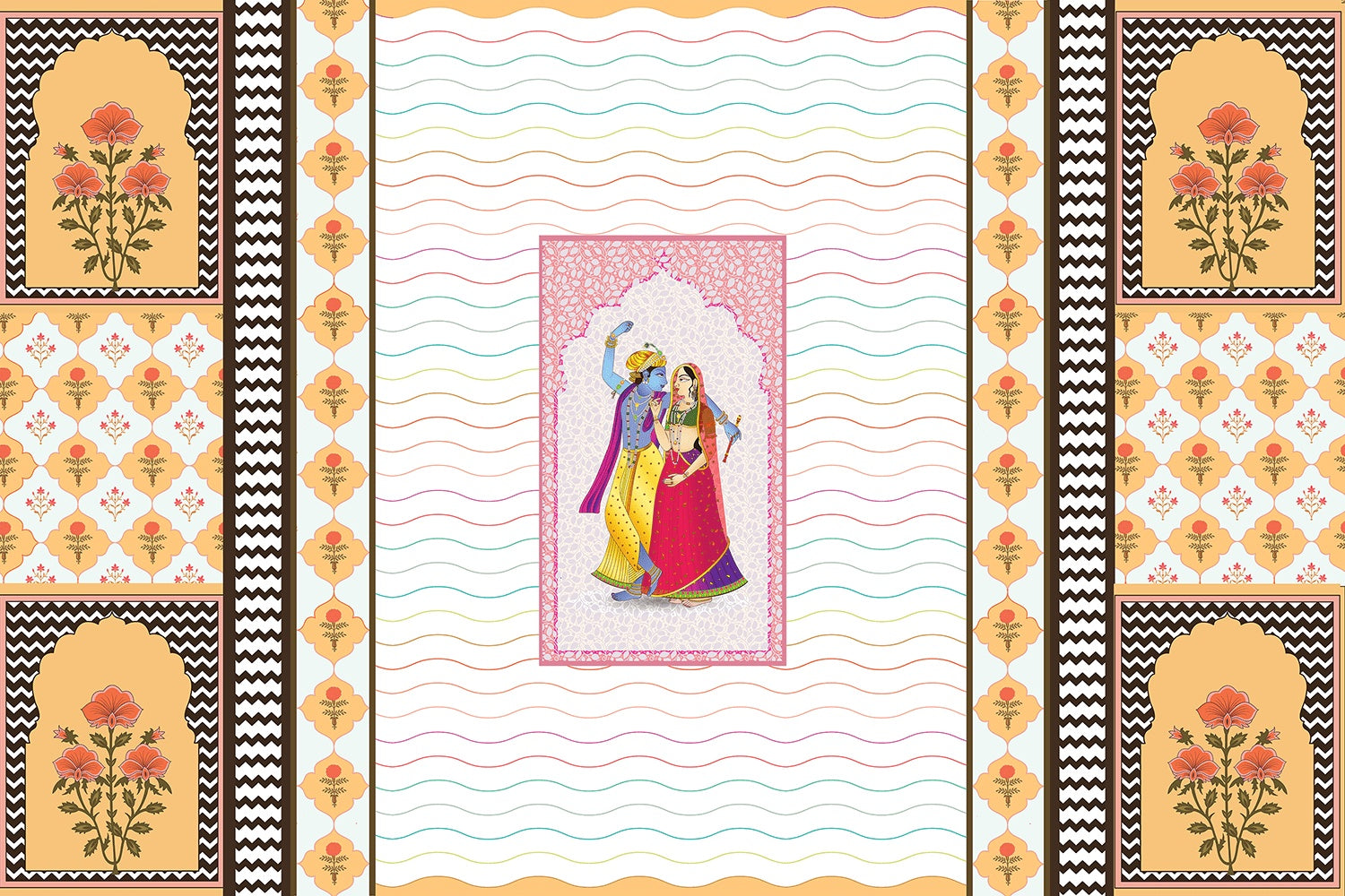 "Radha-Krishna divine love scene in lea - religion wallpaper mural-inequal final"