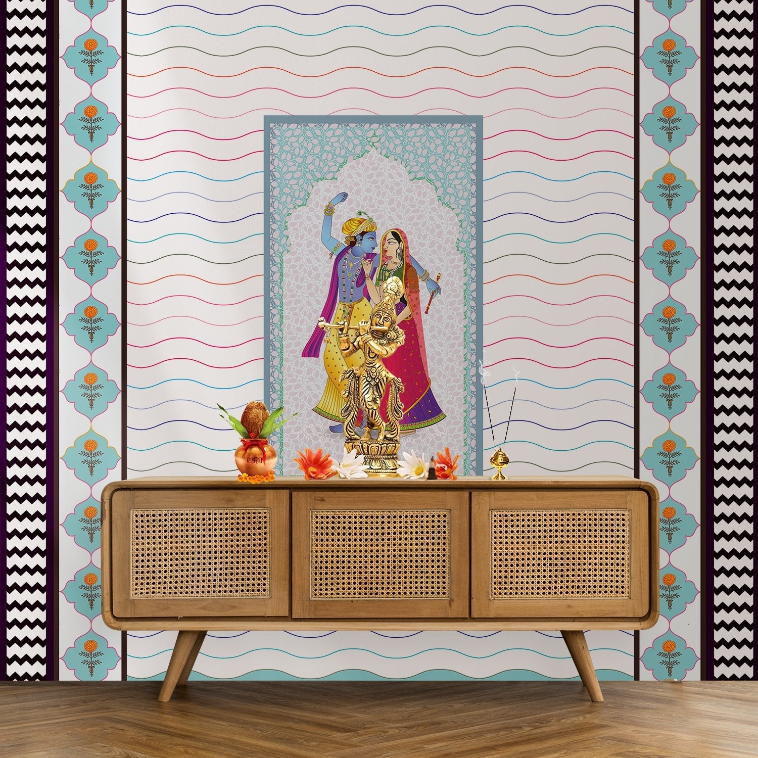 Traditional Indian artwork with decorative waves and geometric borders featuring cultural dance illustration - view 8 - final
