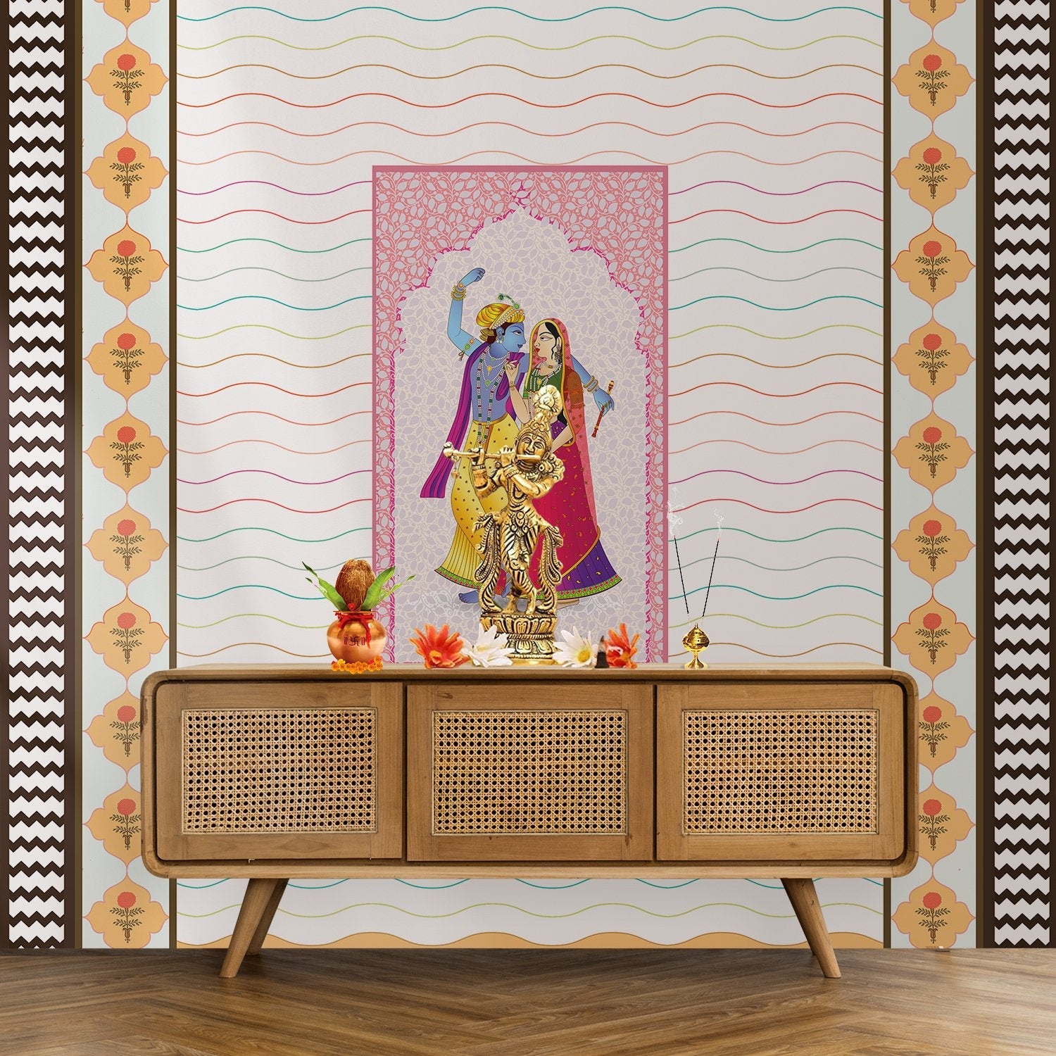 Traditional Indian artwork with decorative waves and geometric borders featuring cultural dance illustration - final pooja-room