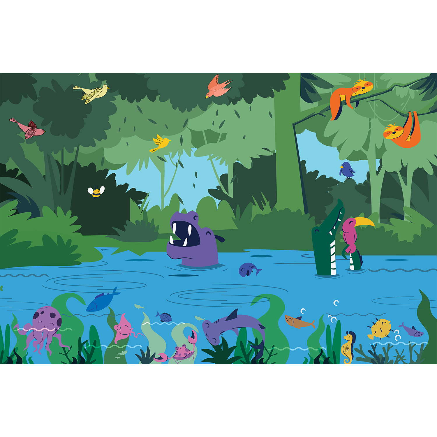 Lively blue forest creatures kids wallpaper mural-equal final