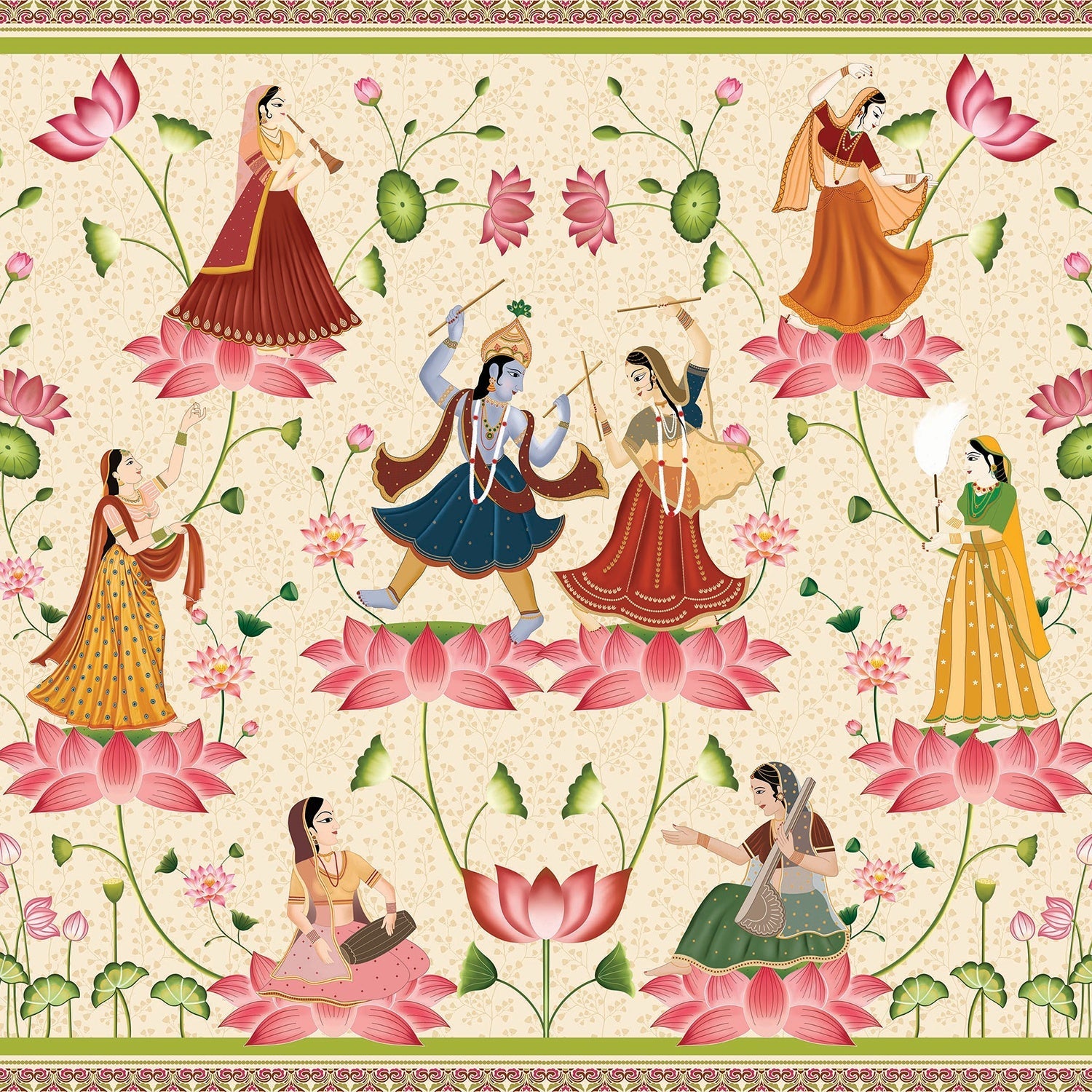Traditional Indian folk dancers surrounded by pink lotus flowers in classical Pichwai style - view 2 - final