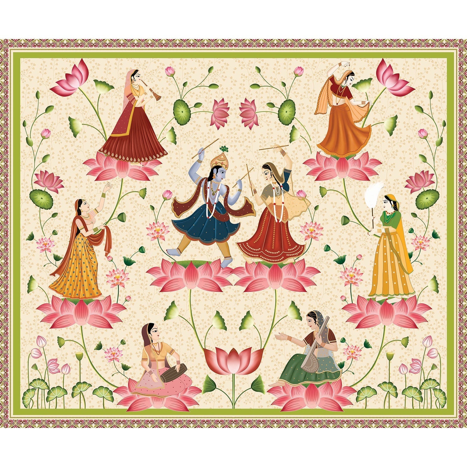 Radha Krishna Raas Leela floral design in lea - "pichwai" wallpaper mural-equal final