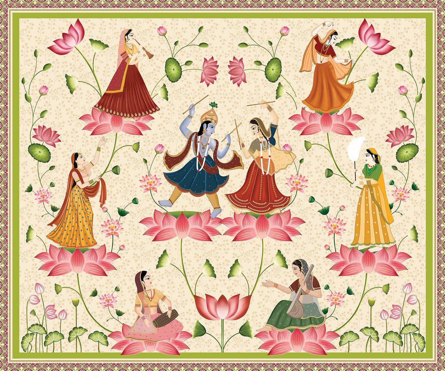Radha Krishna Raas Leela floral design in lea - "pichwai" wallpaper mural-inequal final