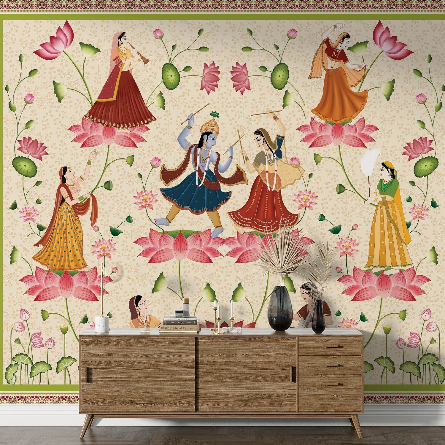 Traditional Indian folk dancers surrounded by pink lotus flowers in classical Pichwai style - final foyer