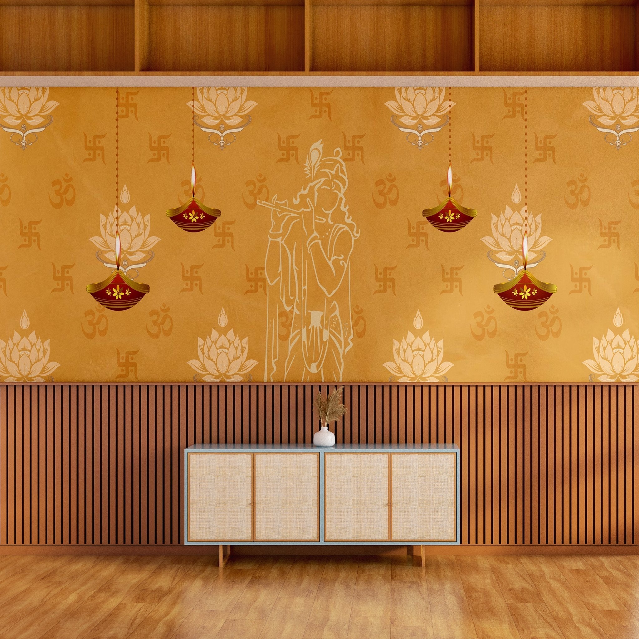 Green traditional wall art with lotus flowers, Om symbols and hanging diyas in gold - view 10 - final