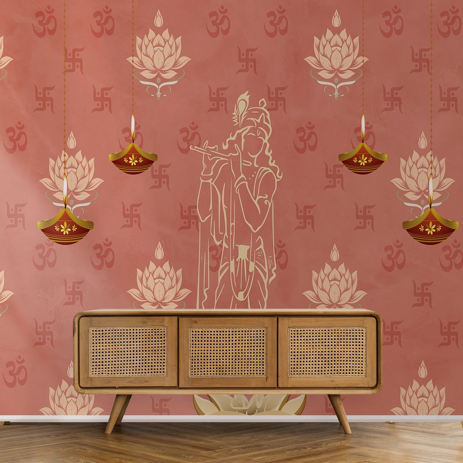 Green traditional wall art with lotus flowers, Om symbols and hanging diyas in gold - view 13 - final